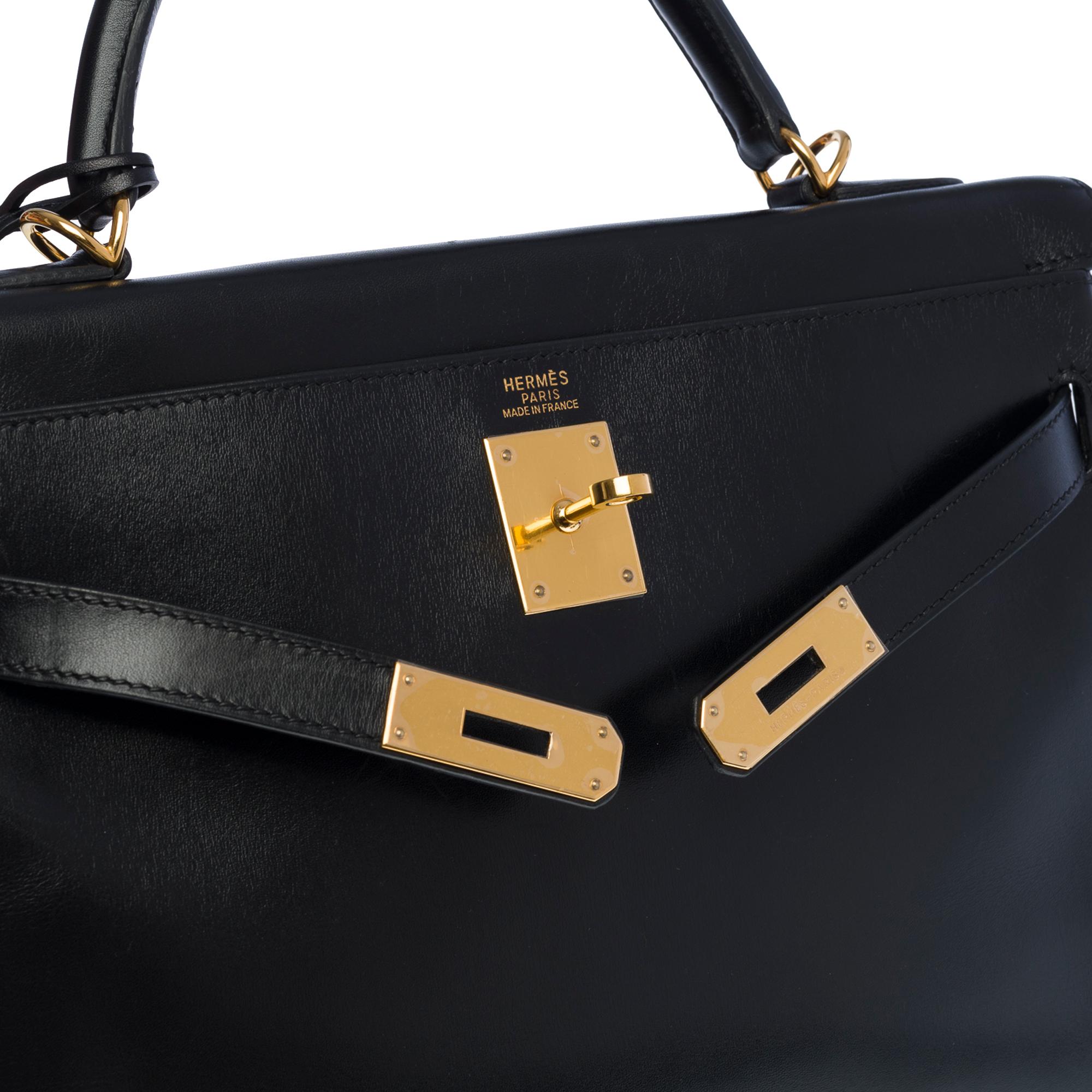 Rare Hermès Kelly 32 retourne handbag strap in black box calfskin leather, GHW In Good Condition In Paris, IDF
