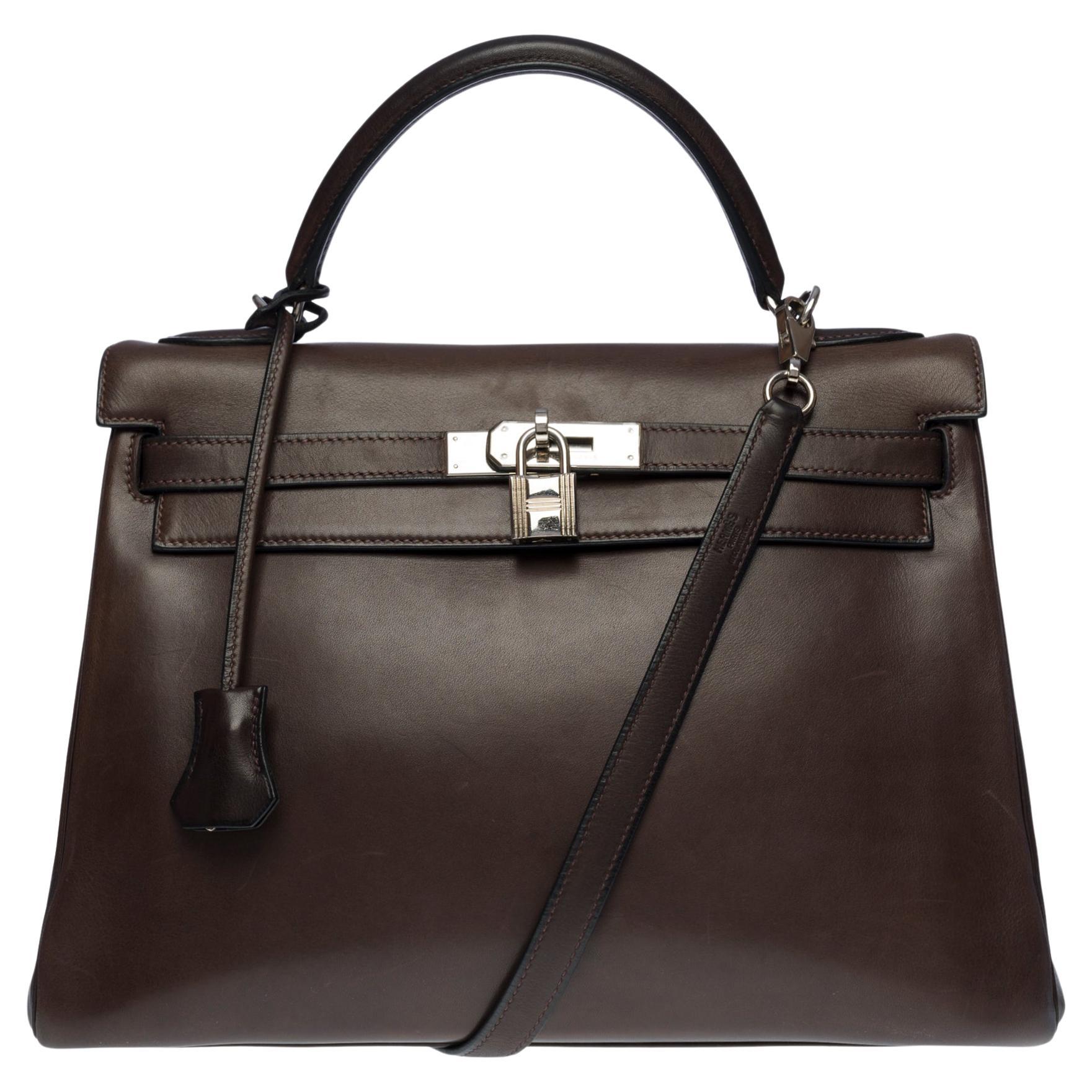 Rare Hermès Kelly 32 retourne handbag strap in brown Barenia leather , SHW