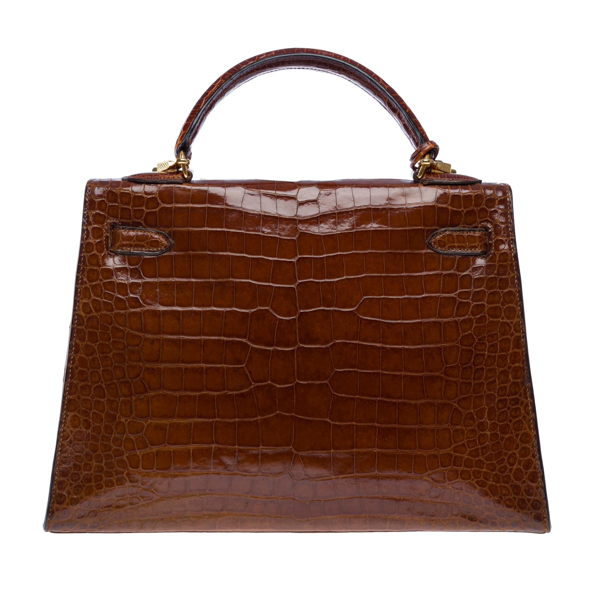 Brown Rare Hermès Kelly 32 saddle handbag strap in Cognac Crocodilylus leather , GHW