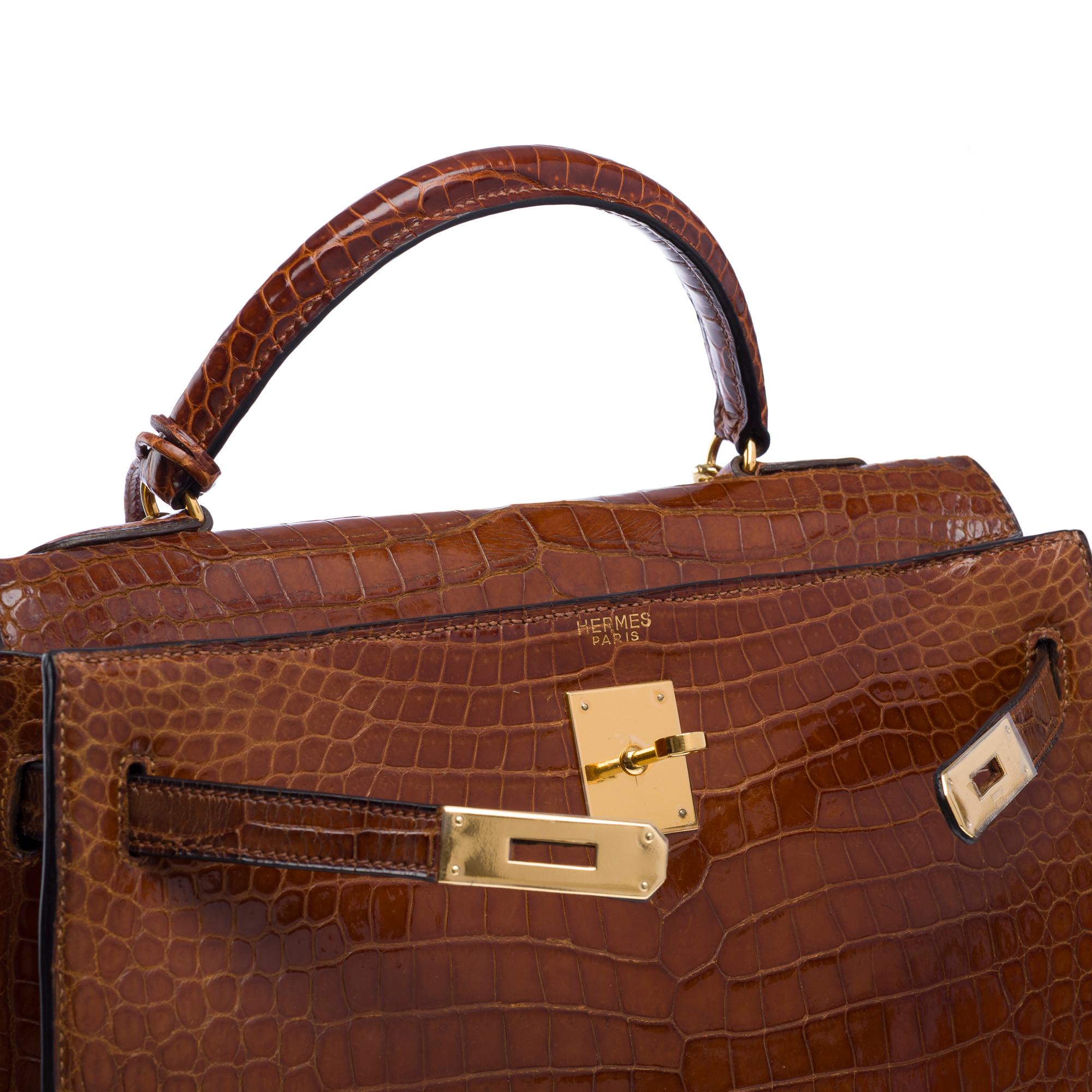 Rare Hermès Kelly 32 saddle handbag strap in Cognac Crocodilylus leather , GHW 1