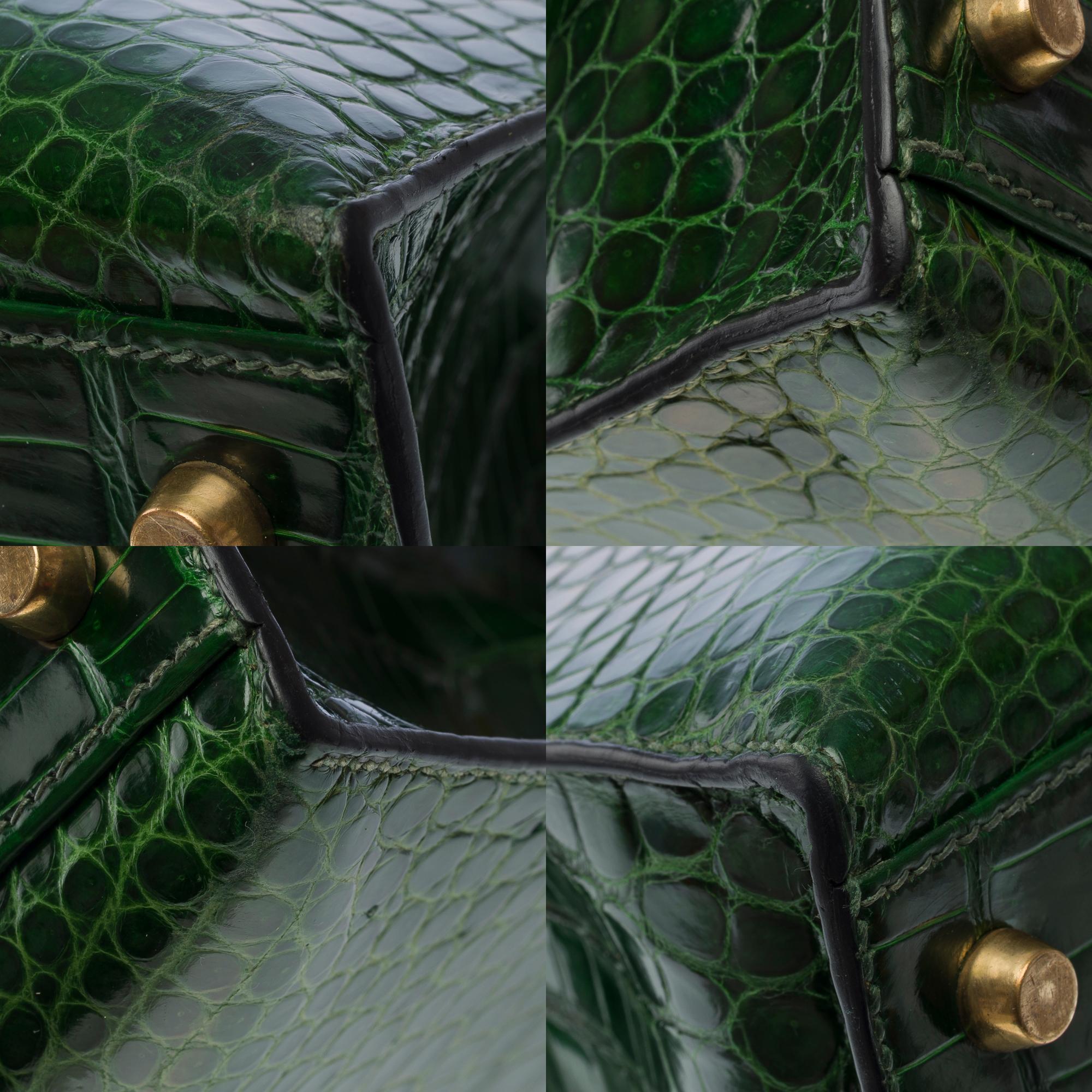 Rare Hermès Kelly 32 saddle handbag strap in Green Emerald Crocodilylus , GHW 7