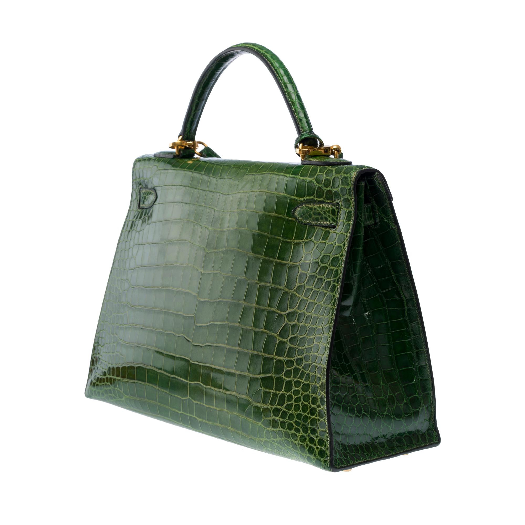 Rare Hermès Kelly 32 saddle handbag strap in Green Emerald Crocodilylus , GHW 1