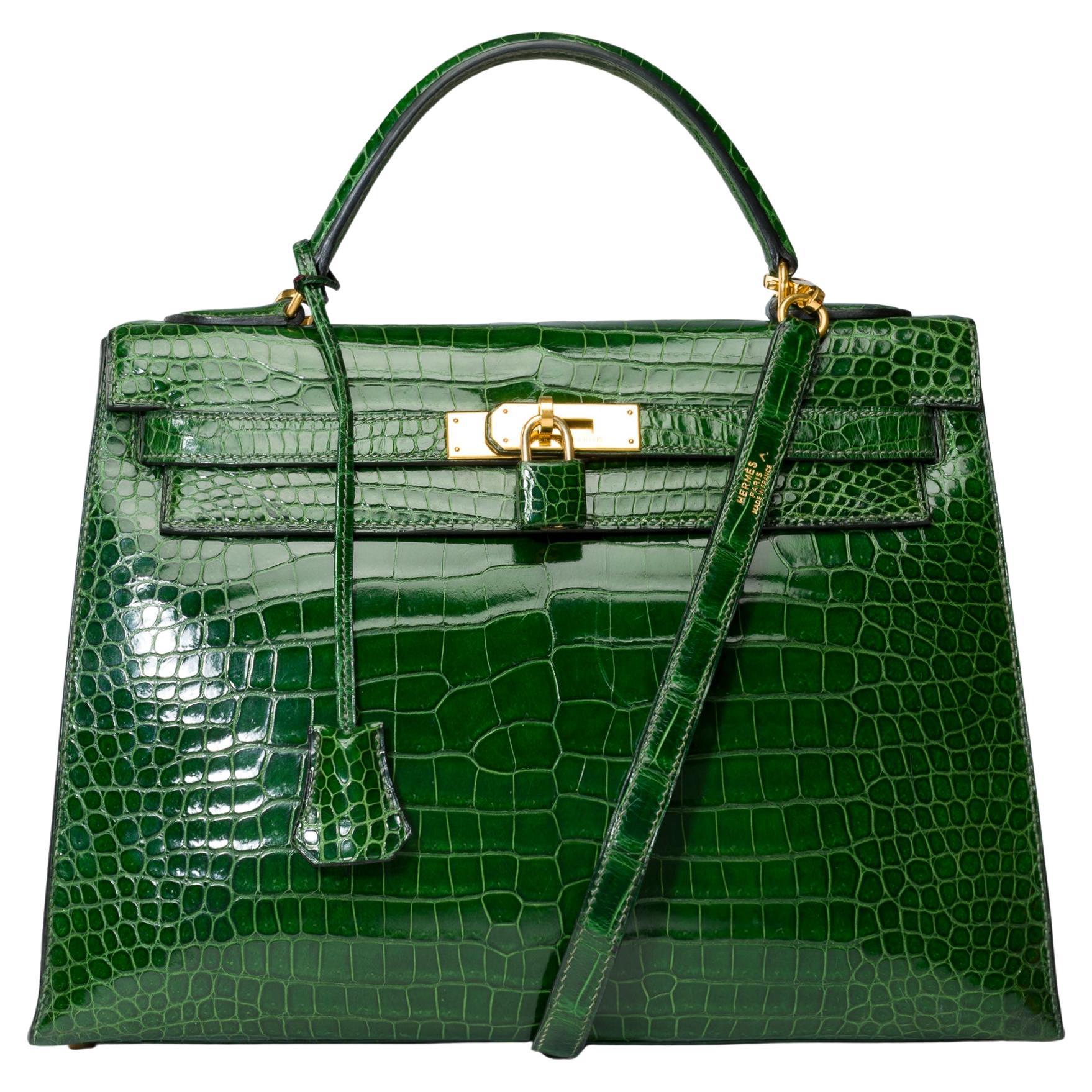 Rare Hermès Kelly 32 saddle handbag strap in Green Emerald Crocodilylus , GHW