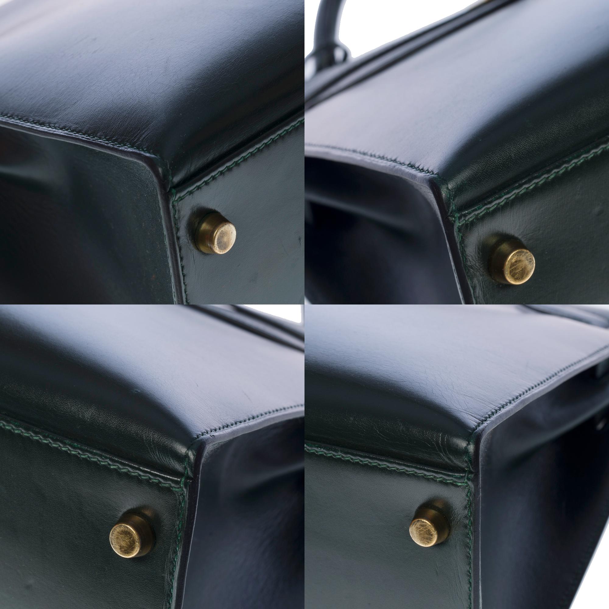 Rare Hermès Kelly 32 sellier handbag double straps in green box calf leather, GHW en vente 8