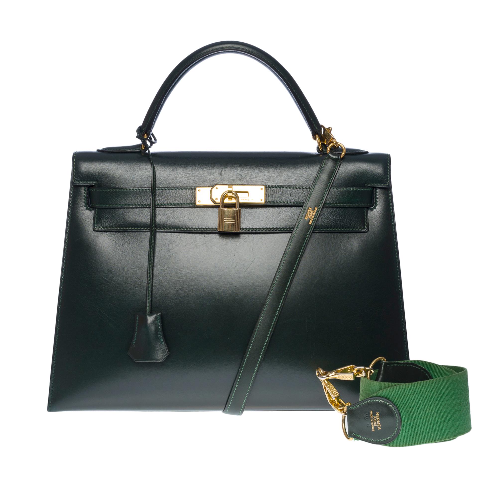 Rare Hermès Kelly 32 sellier handbag double straps in green box calf leather, GHW Bon état - En vente à Paris, IDF