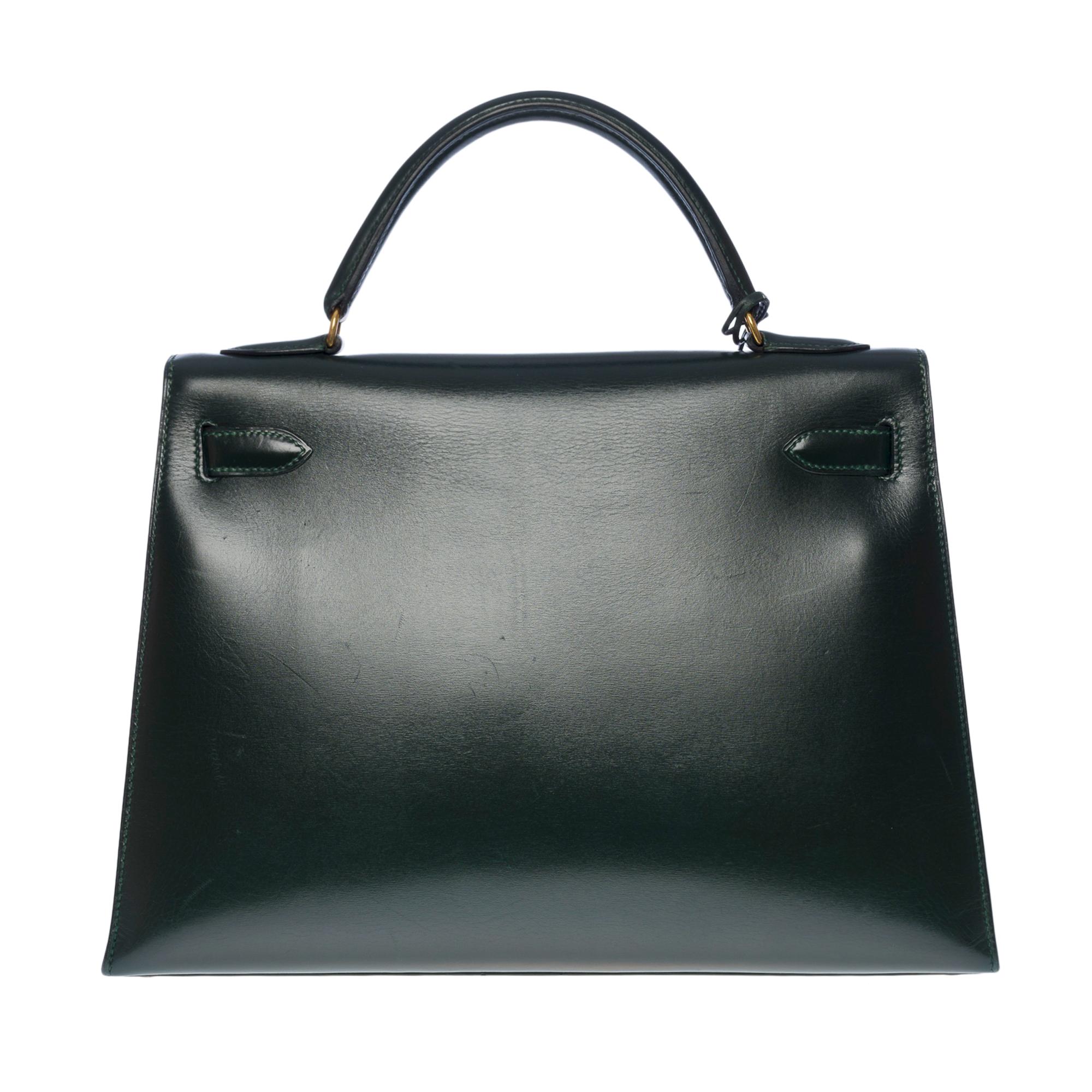 Rare Hermès Kelly 32 sellier handbag double straps in green box calf leather, GHW Unisexe en vente