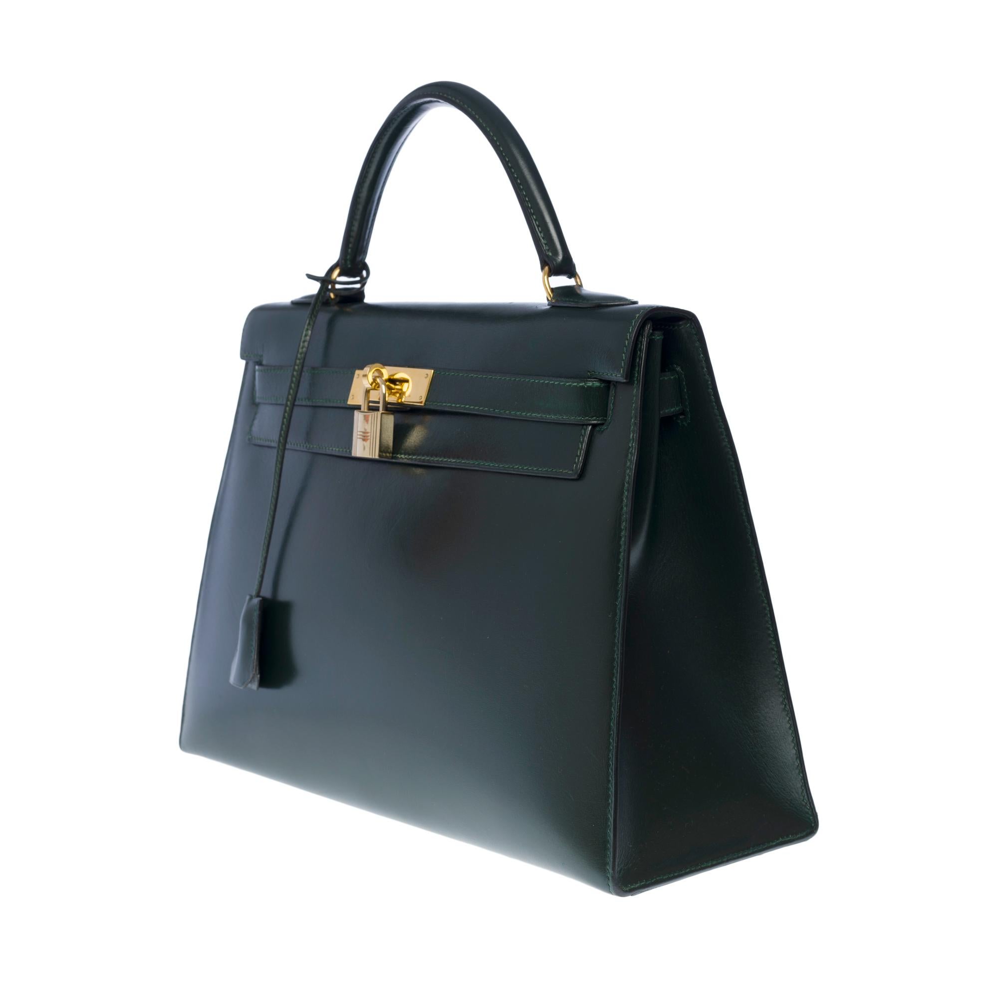 Rare Hermès Kelly 32 sellier handbag double straps in green box calf leather, GHW en vente 1