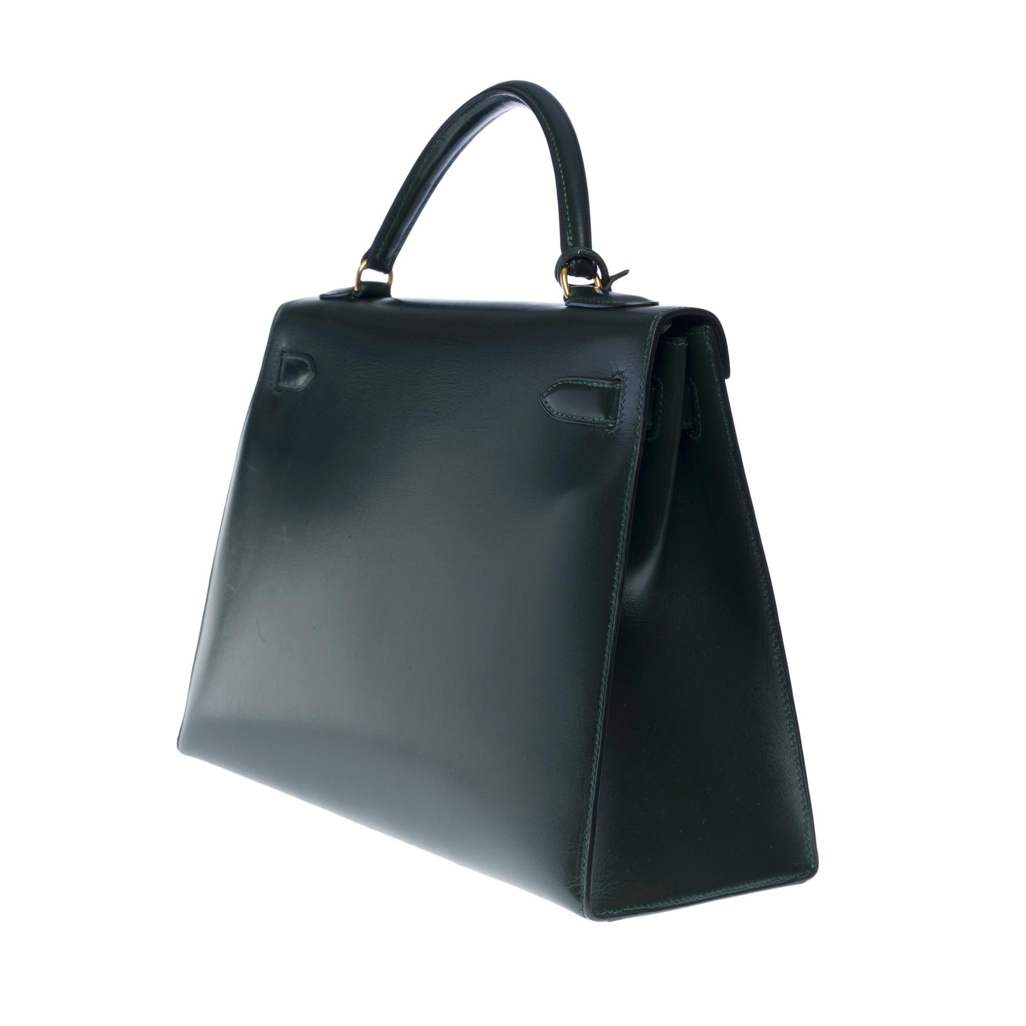 Rare Hermès Kelly 32 sellier handbag double straps in green box calf leather, GHW en vente 2