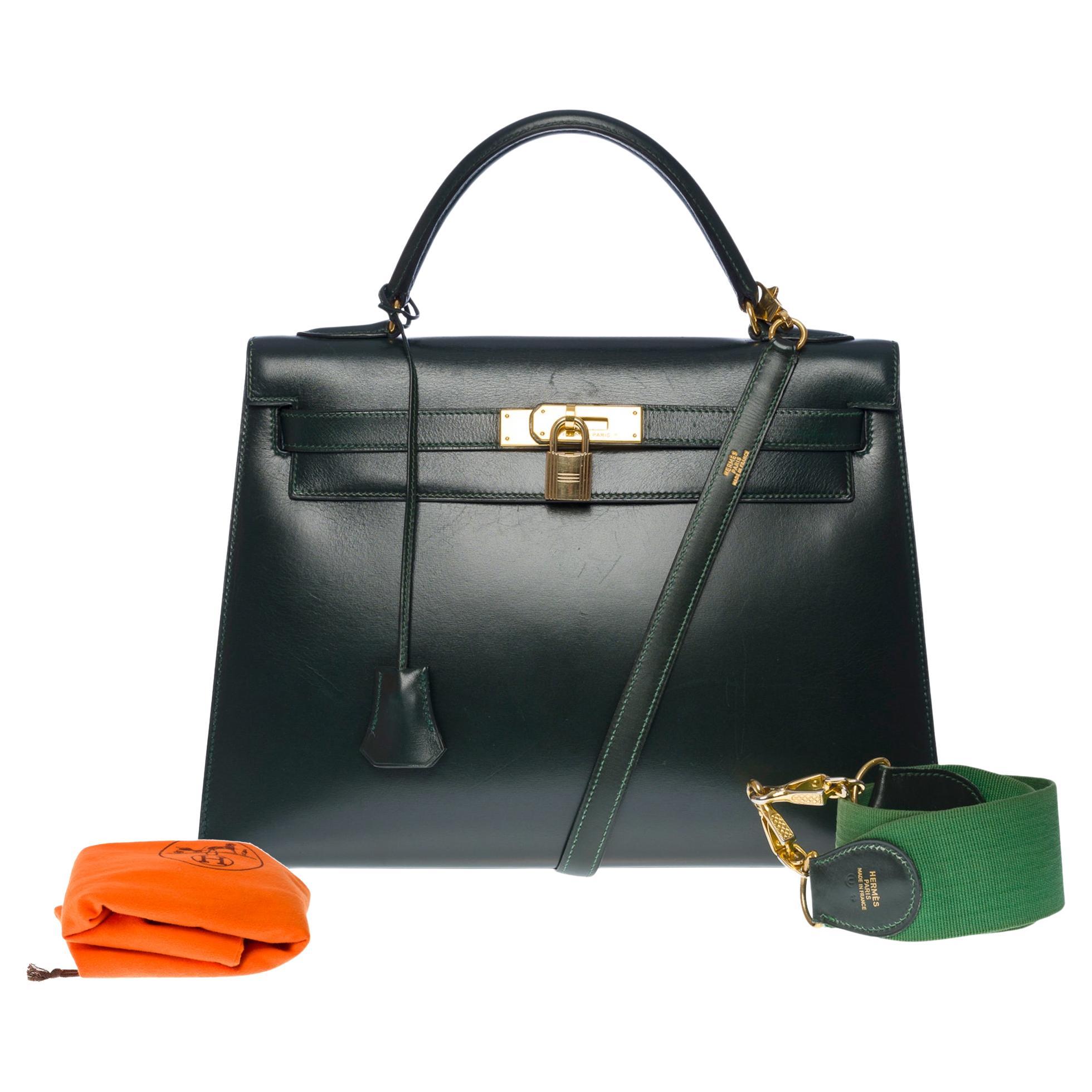 Rare Hermès Kelly 32 sellier handbag double straps in green box calf leather, GHW en vente