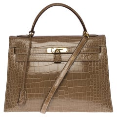 Seltener Hermès Kelly 32 sellier Handtaschenriemen aus Ficelle Porosus Krokodil, GHW