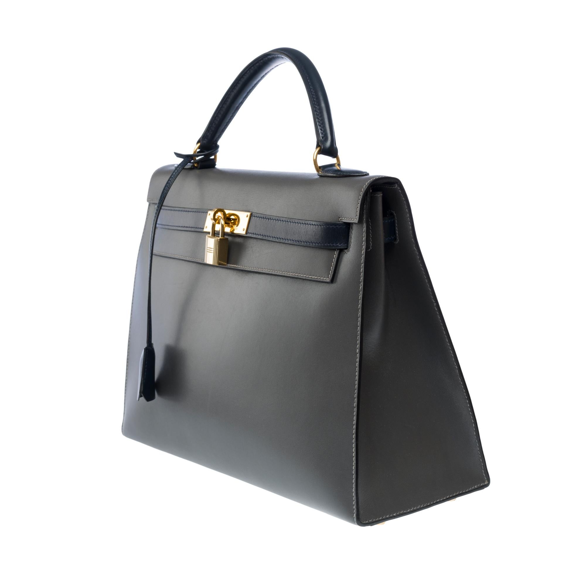 Women's Rare Hermès Kelly 32 sellier handbag strap in Navy & Black calfskin leather, GHW