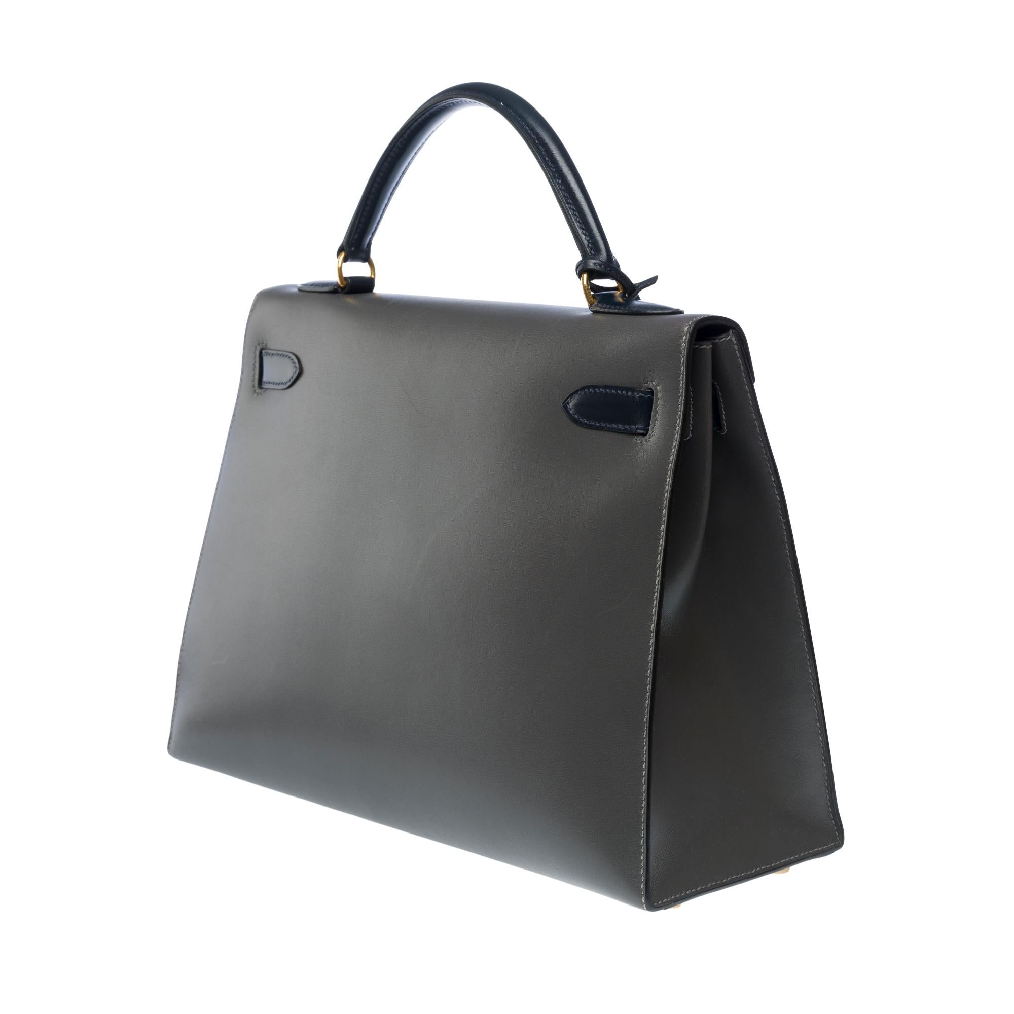 Rare Hermès Kelly 32 sellier handbag strap in Navy & Black calfskin leather, GHW 1