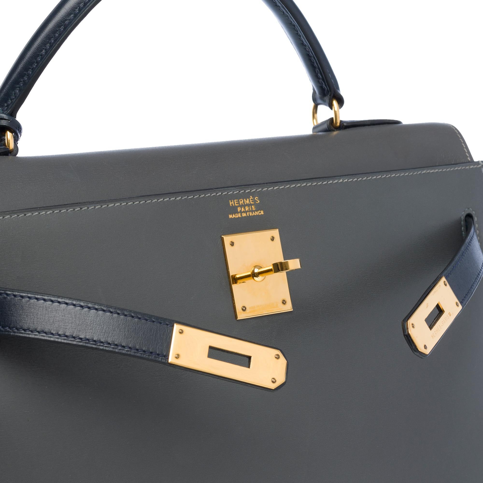 Rare Hermès Kelly 32 sellier handbag strap in Navy & Black calfskin leather, GHW 2