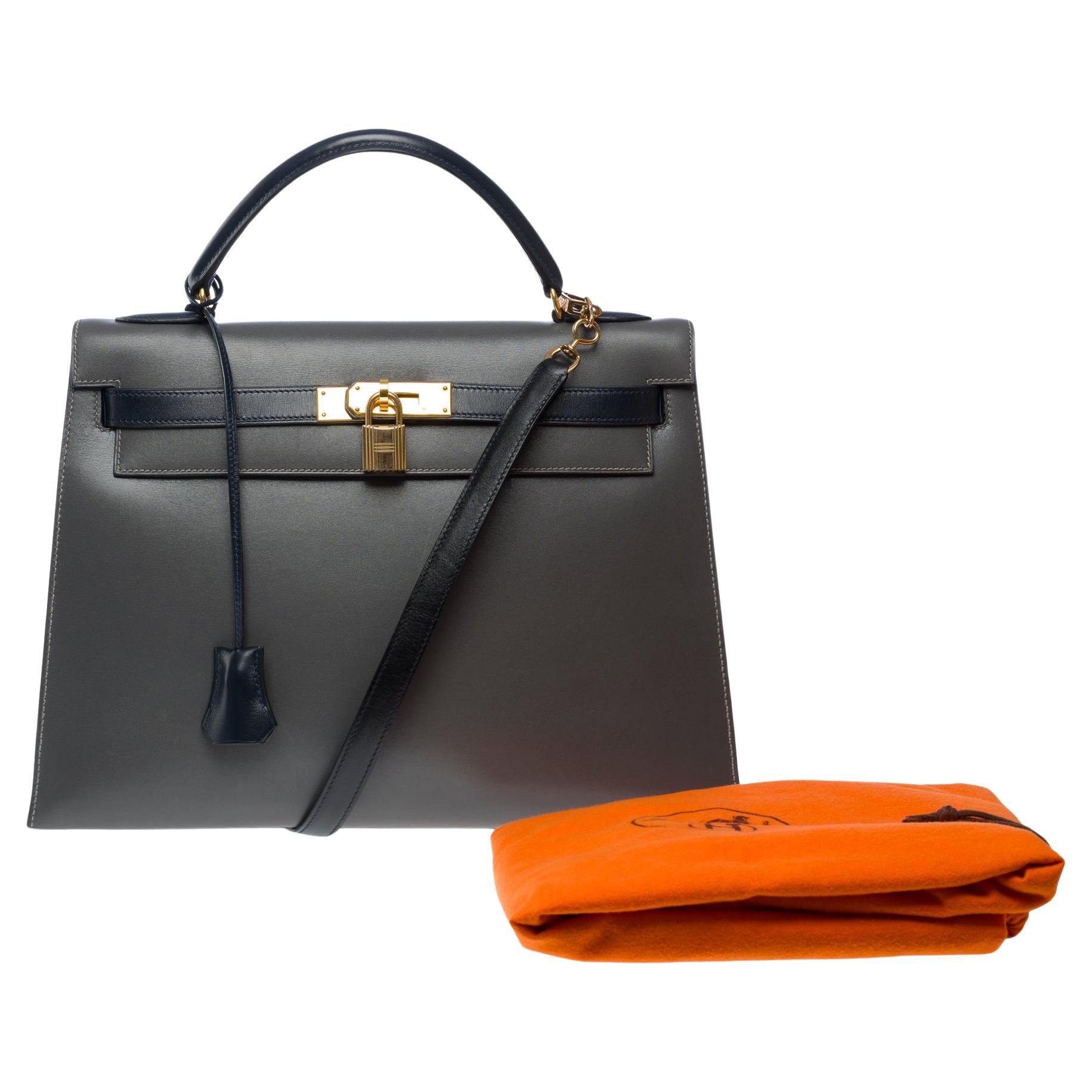 Rare Hermès Kelly 32 sellier handbag strap in Navy & Black calfskin leather, GHW