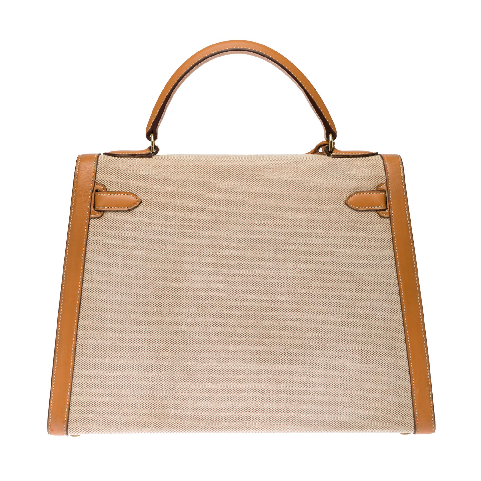 Gorgeous Hermes Kelly handbag 32 cm sellier bi-material in Chamonix gold leather and beige officer canvas, gold plated metal hardware, white saddle stitches, simple handle in gold leather, a gold leather handle allowing a hand or shoulder