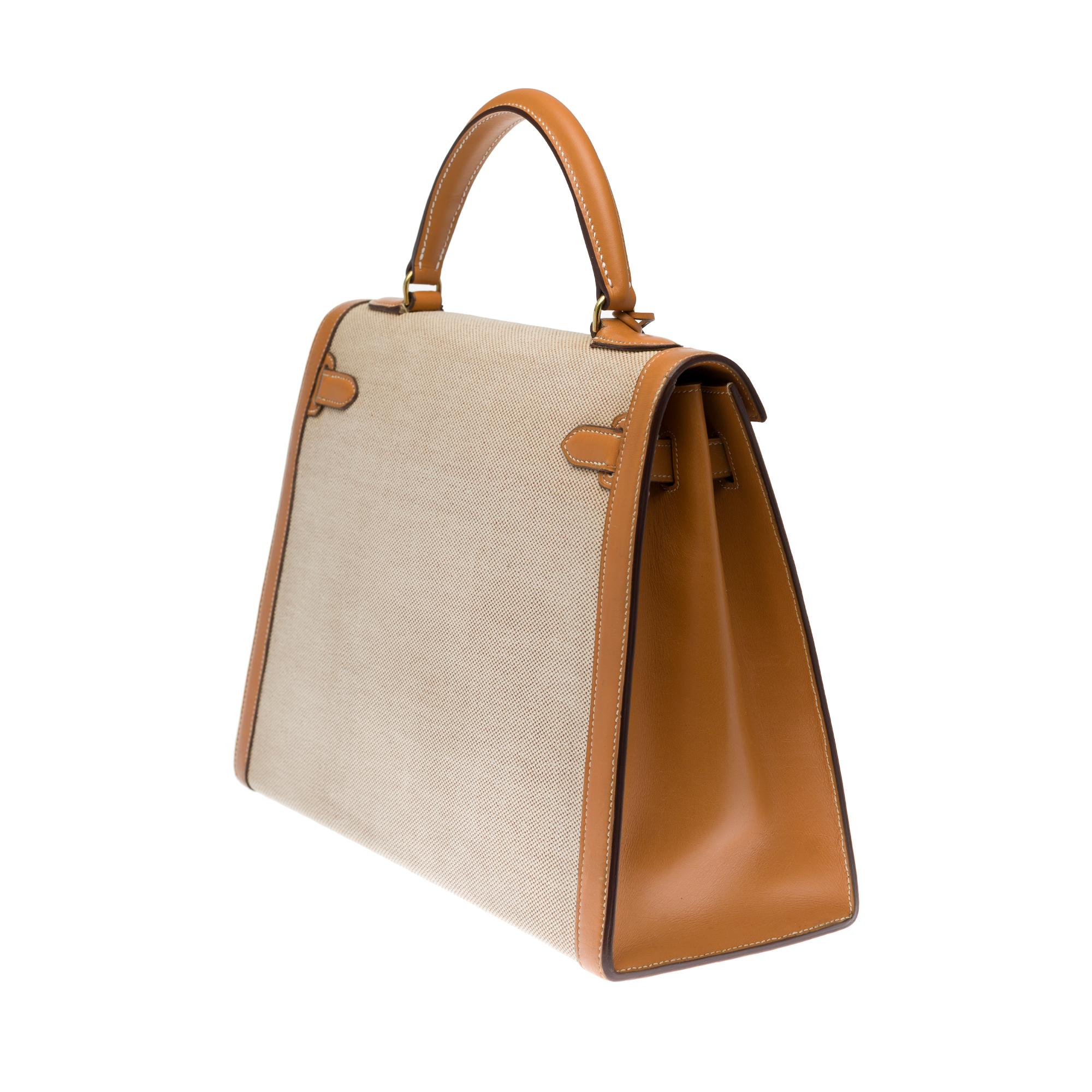 Beige Rare Hermès Kelly 32 sellier handbag with strap in beige leather and canvas, GHW