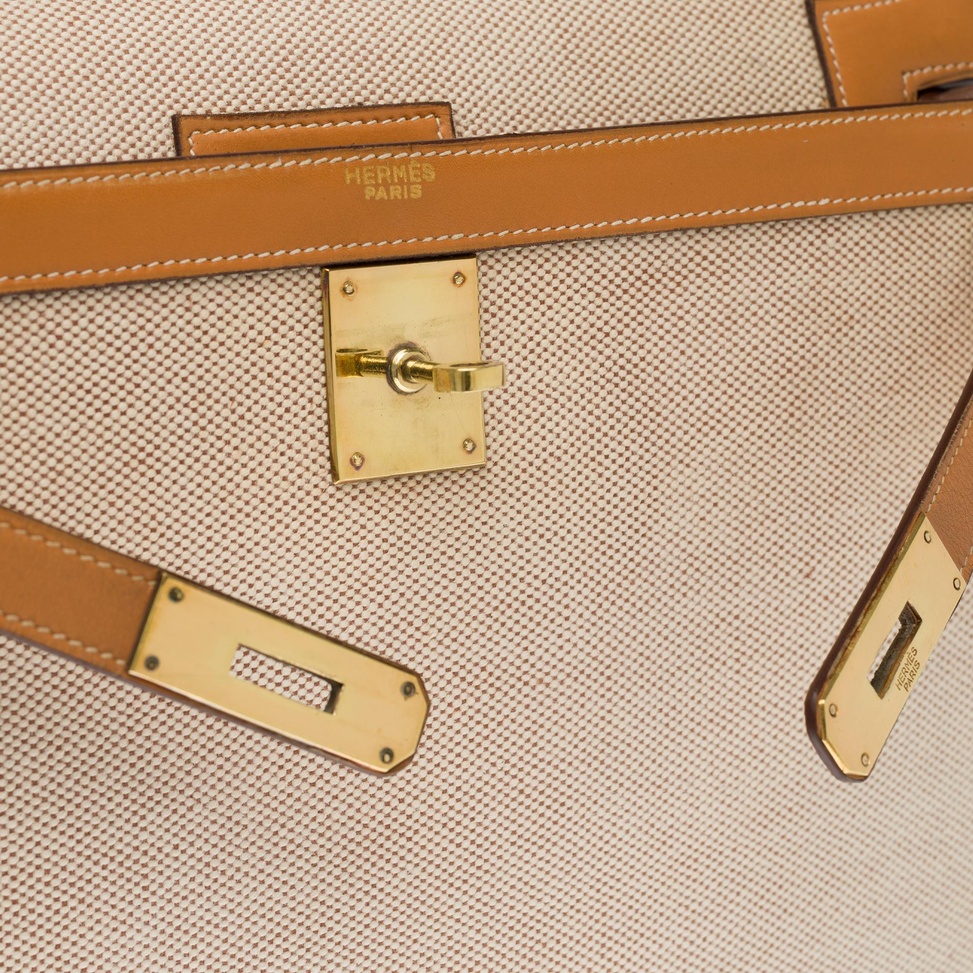 Rare Hermès Kelly 32 sellier handbag with strap in beige leather and canvas, GHW In Good Condition In Paris, IDF