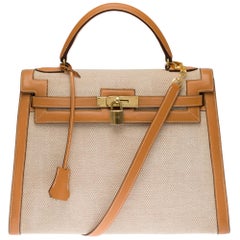 Seltene Hermès Kelly 32 sellier Handtasche mit Riemen in beige Leder und Leinwand:: GHW