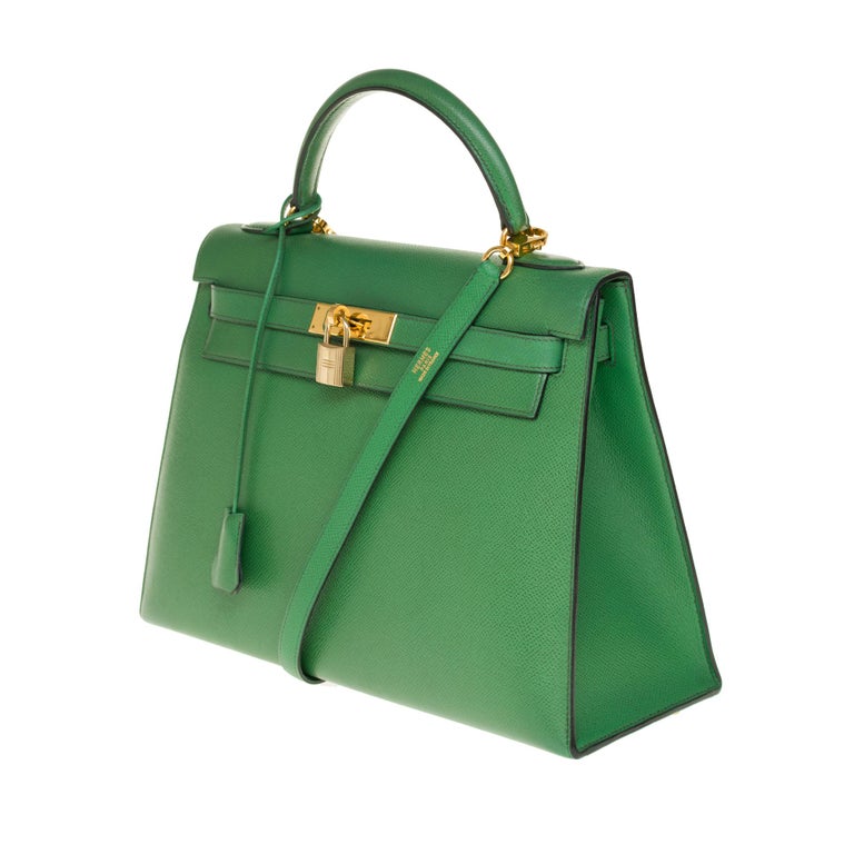 Hermès Rare Hermes Kelly handbag 32 SELLIER lined SHOULDER STRAP IN GREEN  BOX LEATHER-100858 ref.855443 - Joli Closet