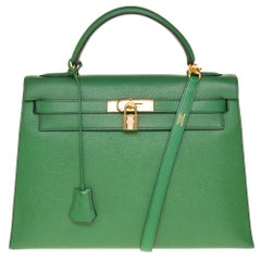 RARE Hermès Kelly 32 sellier Handtasche mit Riemen in grün courchevel und GHW