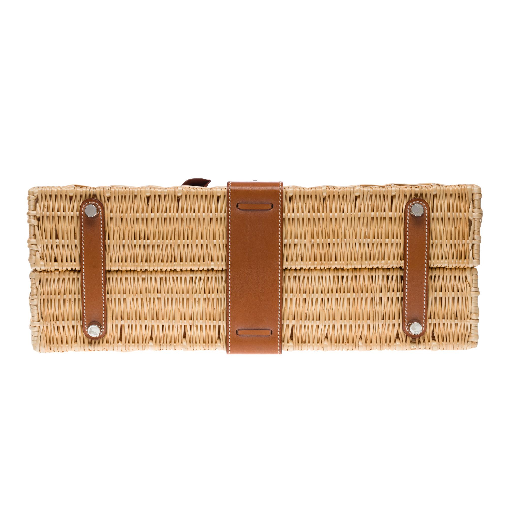 Rare Hermes Kelly 35 Picnic in wicker and barenia leather , SHW For Sale 7