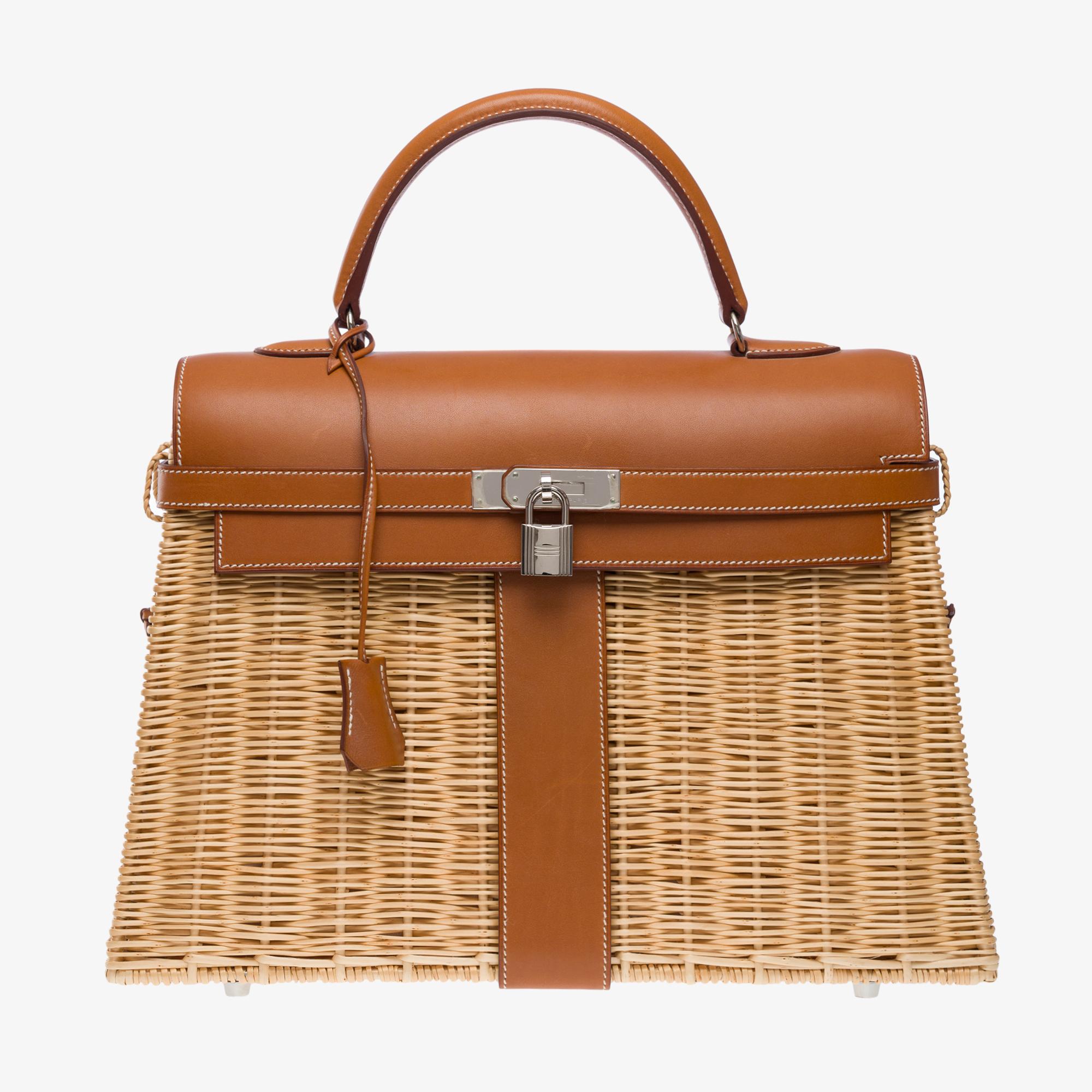 Rare Hermes Kelly 35 Picnic in wicker and barenia leather , SHW In Excellent Condition For Sale In Paris, IDF