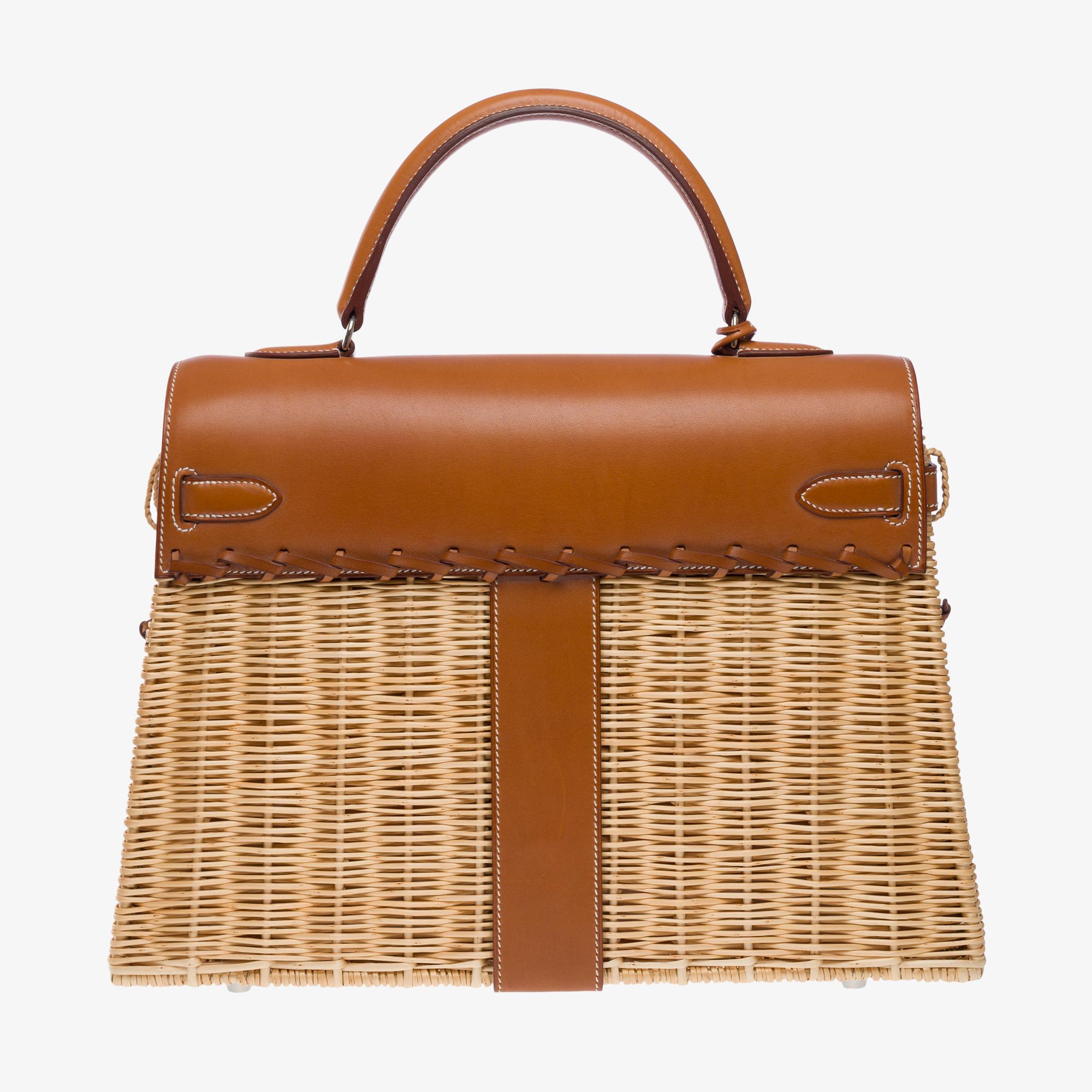 Women's or Men's Rare Hermes Kelly 35 Picnic in wicker and barenia leather , SHW For Sale