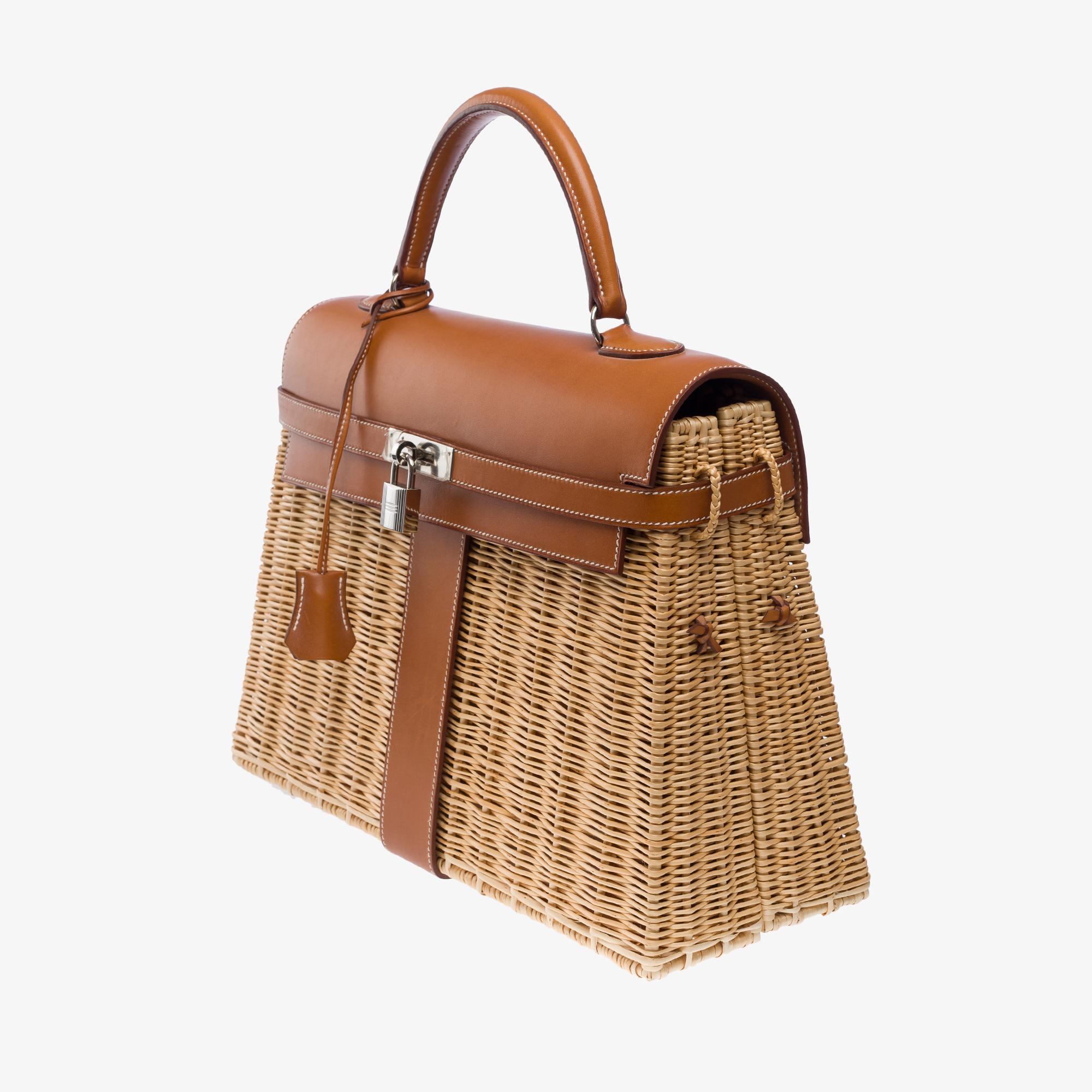 Rare Hermes Kelly 35 Picnic in wicker and barenia leather , SHW For Sale 1