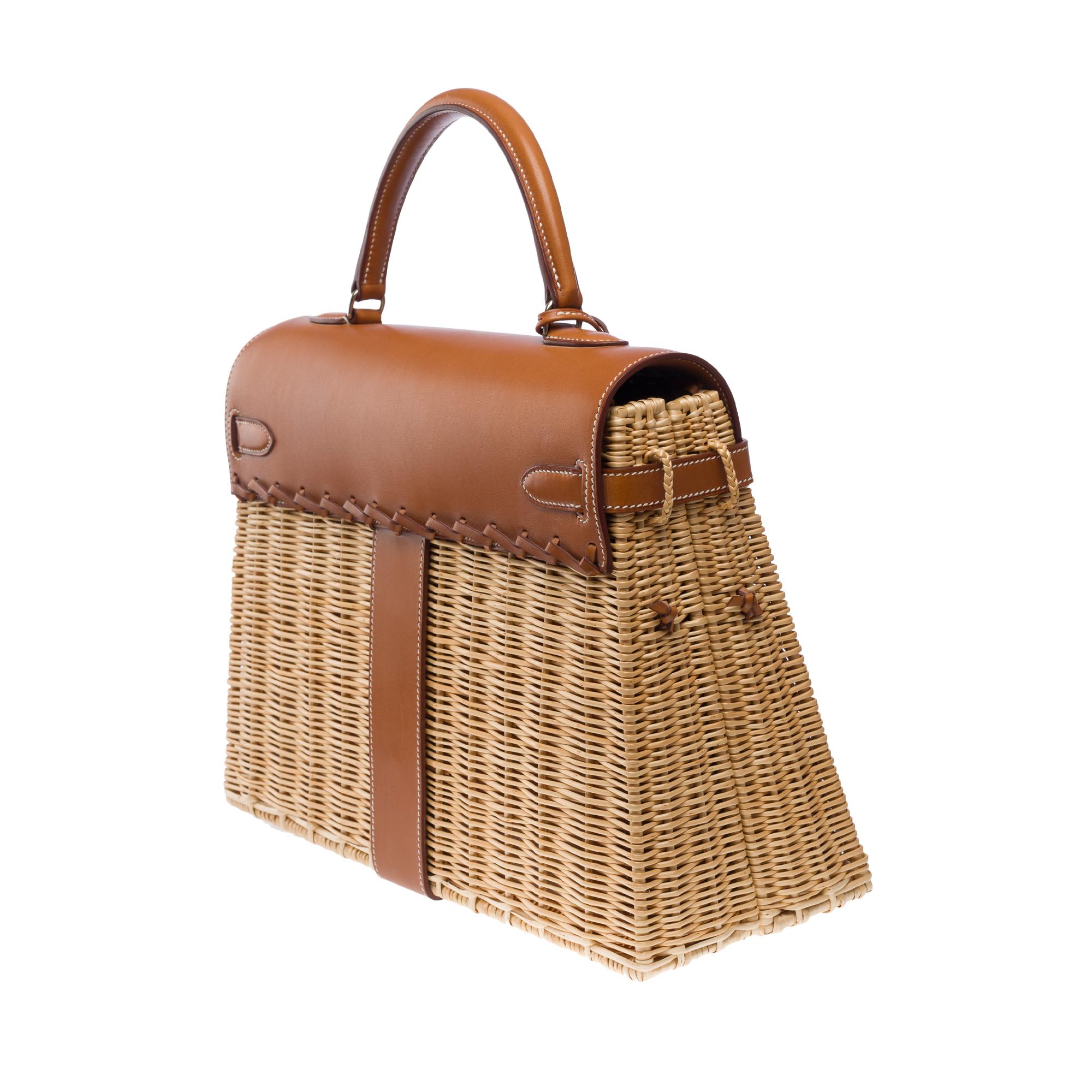 Rare Hermes Kelly 35 Picnic in wicker and barenia leather , SHW For Sale 2