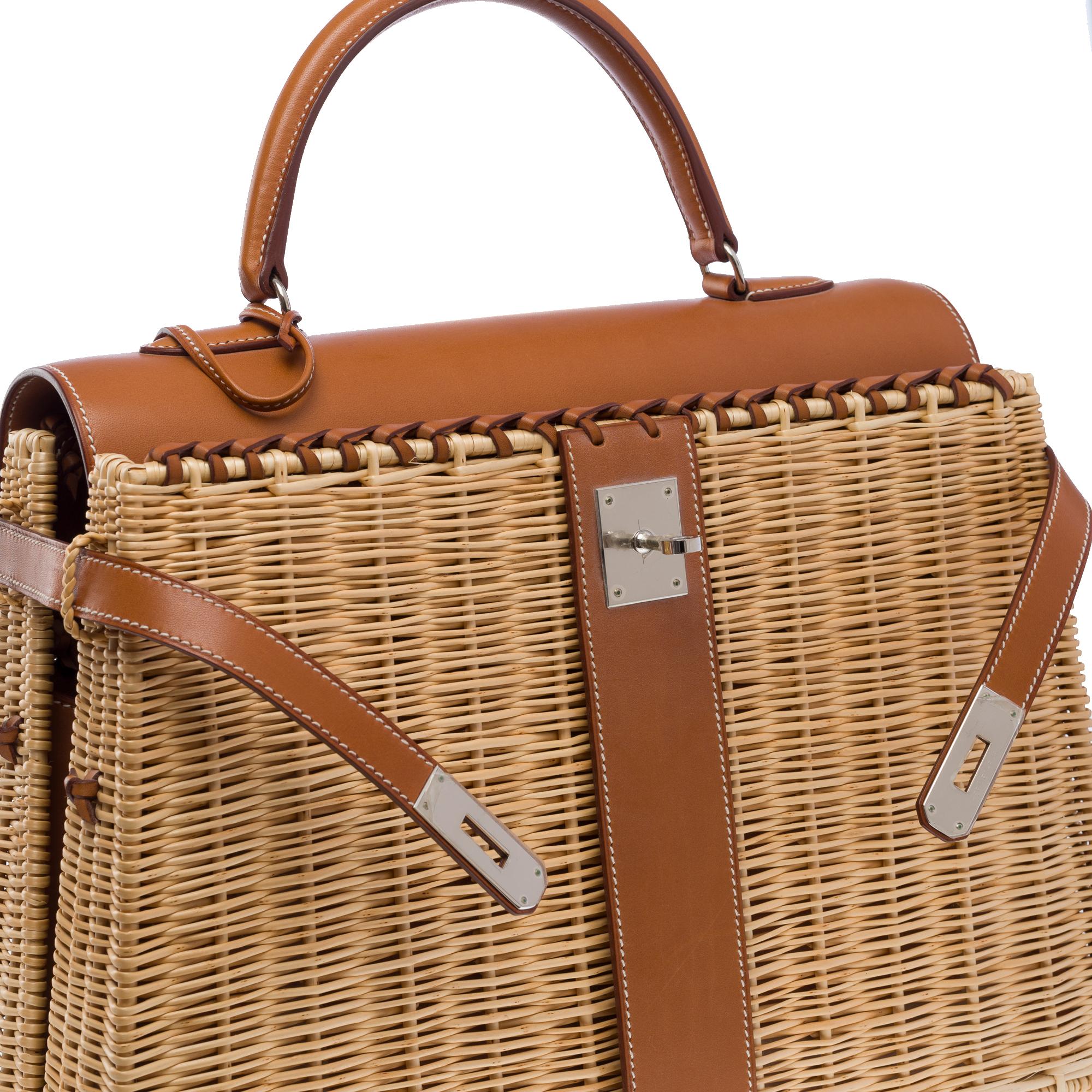 Rare Hermes Kelly 35 Picnic in wicker and barenia leather , SHW For Sale 3