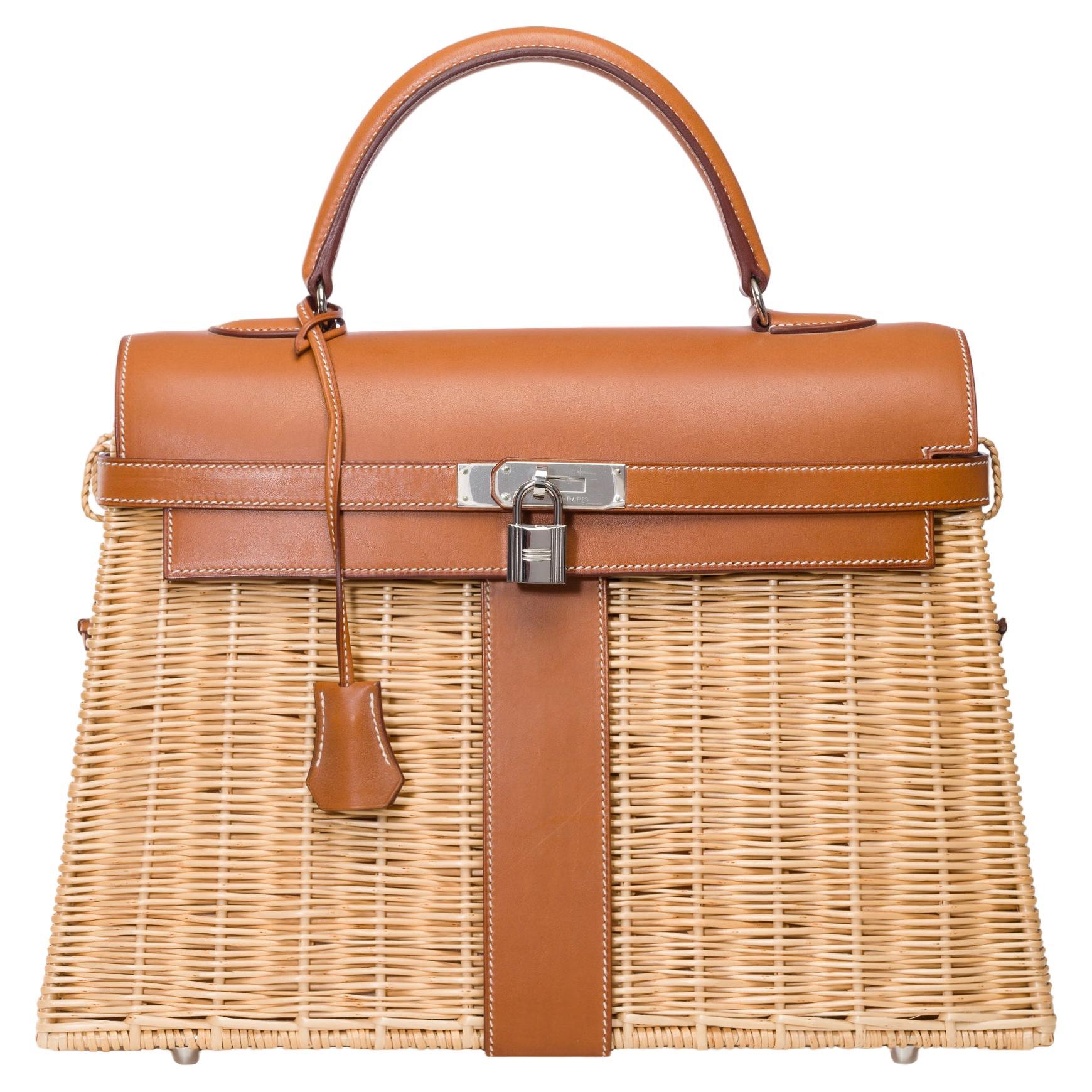 Rare Hermes Kelly 35 Picnic in wicker and barenia leather , SHW For Sale