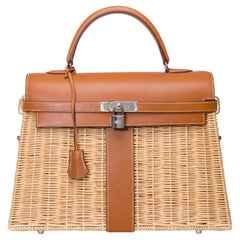 Rare Hermes Kelly 35 Picnic en osier et cuir barénia , SHW