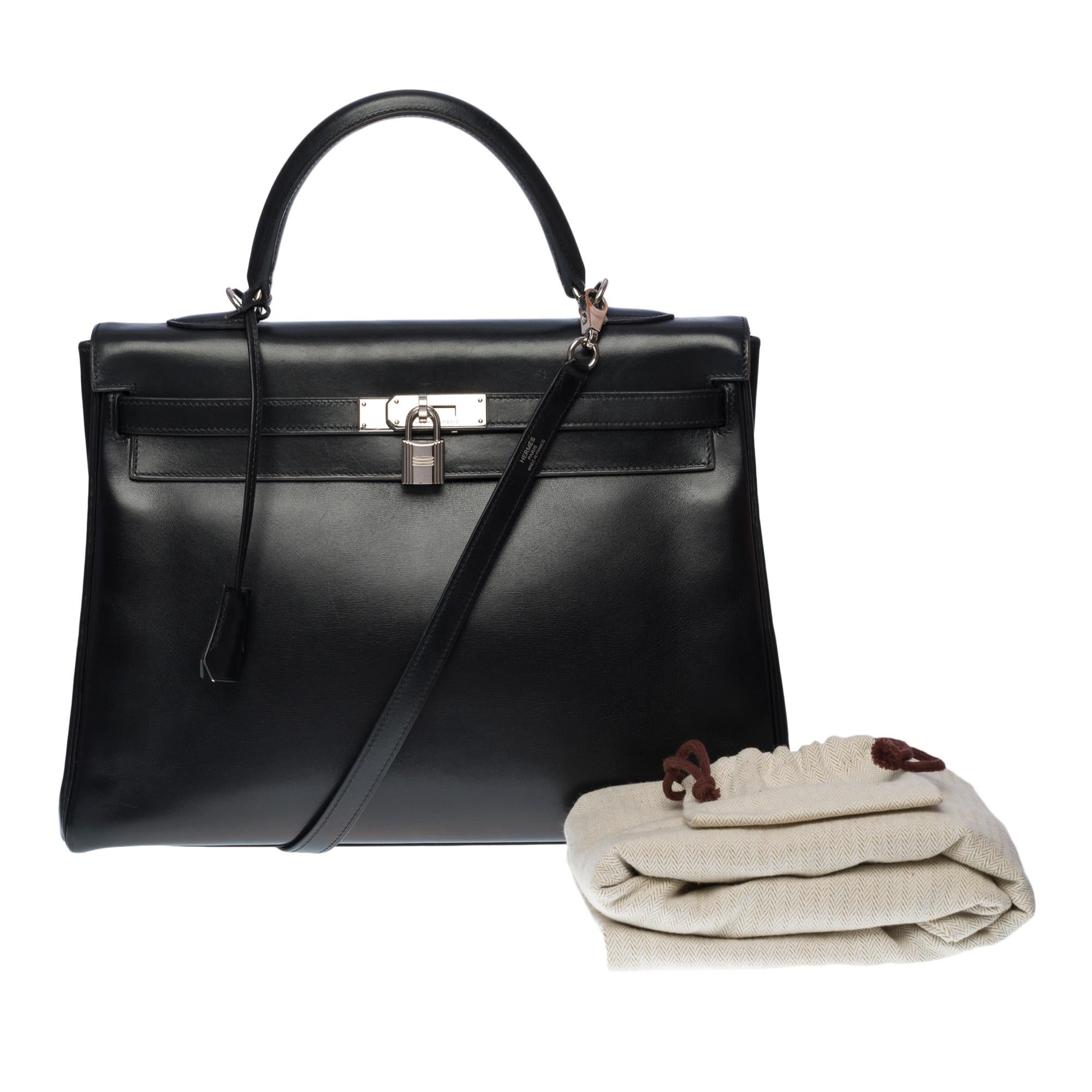 Rare Hermès Kelly 35 retourné handbag strap in Black Calf leather, SHW 7
