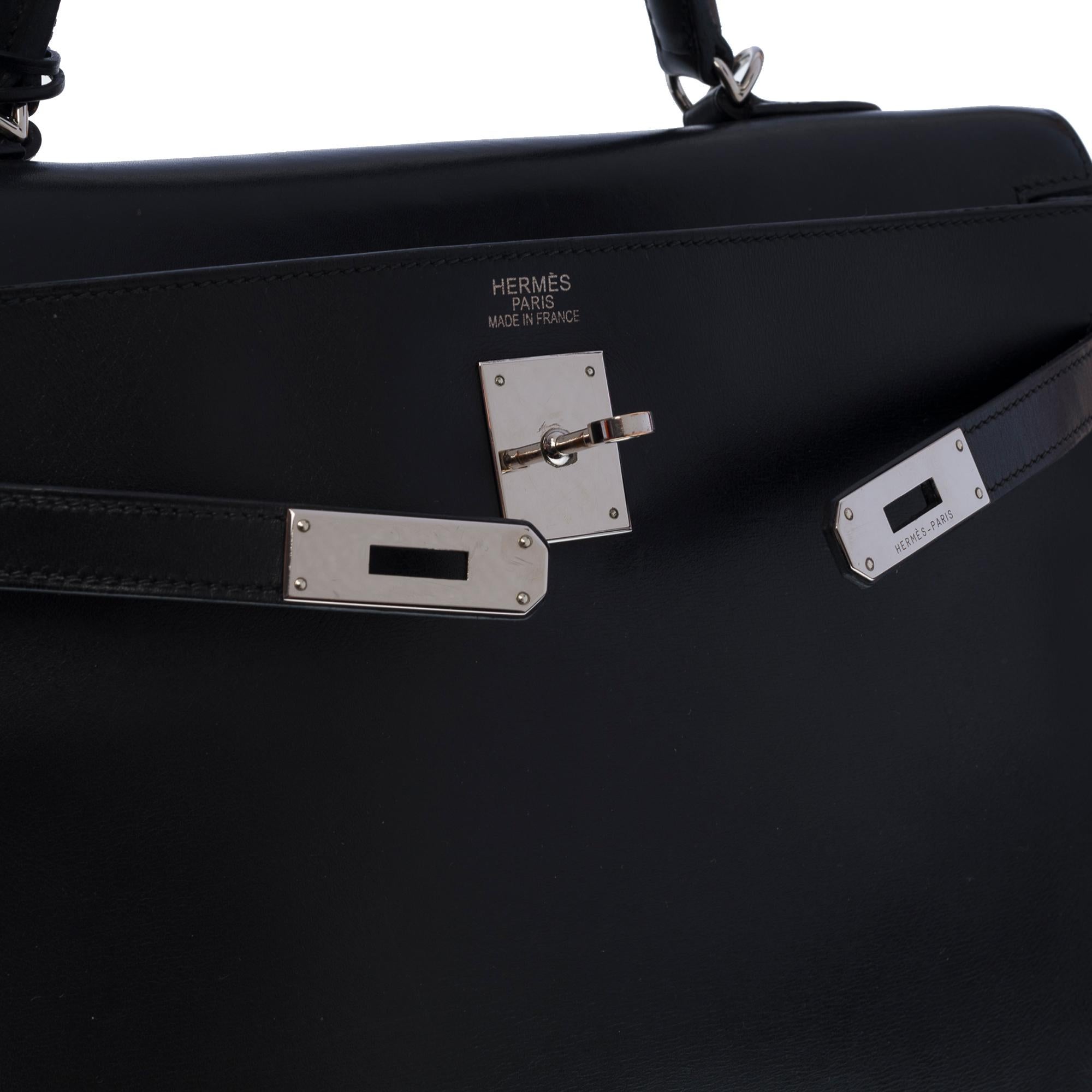 Rare Hermès Kelly 35 retourné handbag strap in Black Calf leather, SHW 1