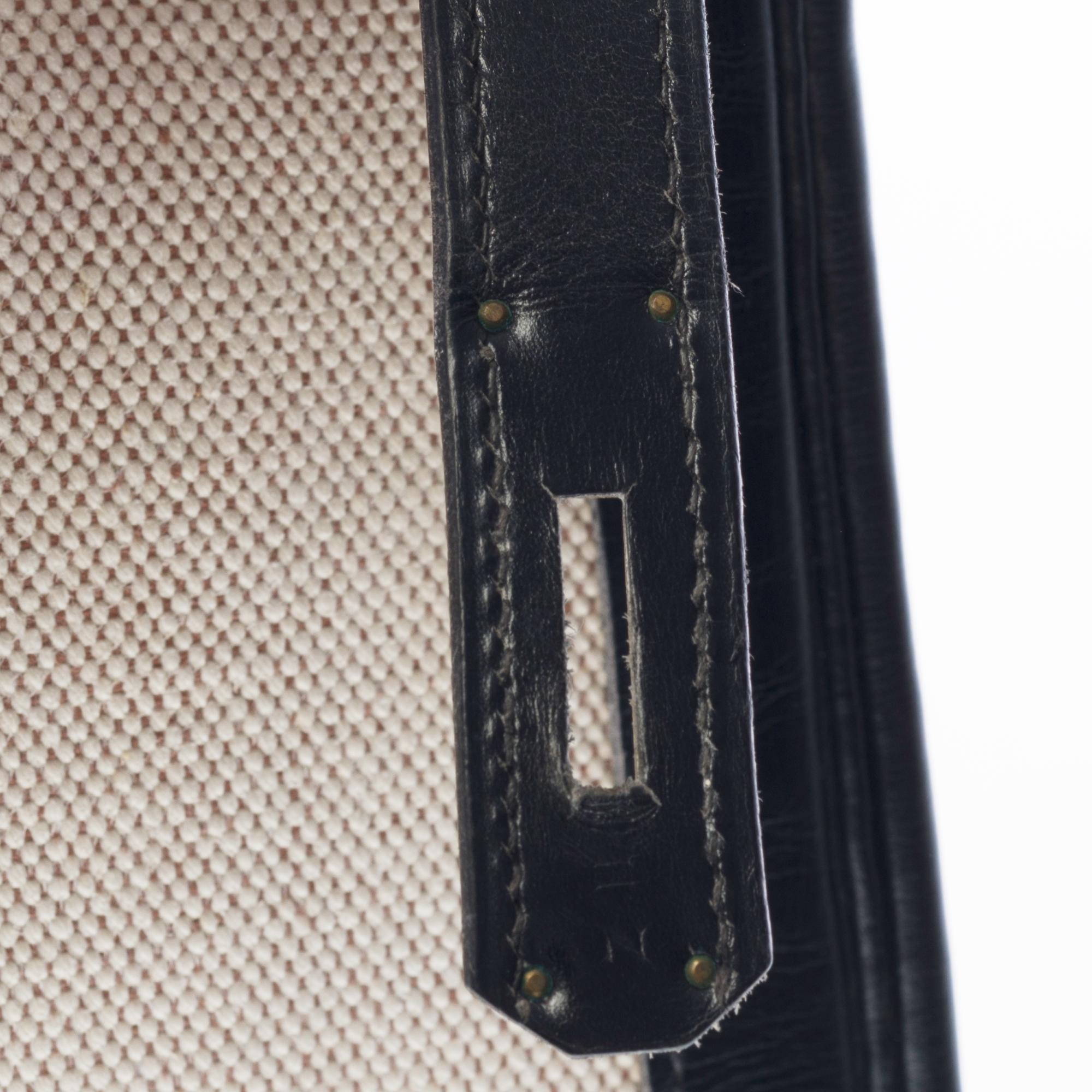 Beige Rare Hermès Kelly 35 shoulder bag with strap in beige canvas and black calf, GHW