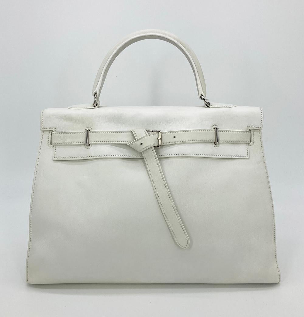 RARE Hermes Kelly Flat 35 White Swift Silver PDH For Sale