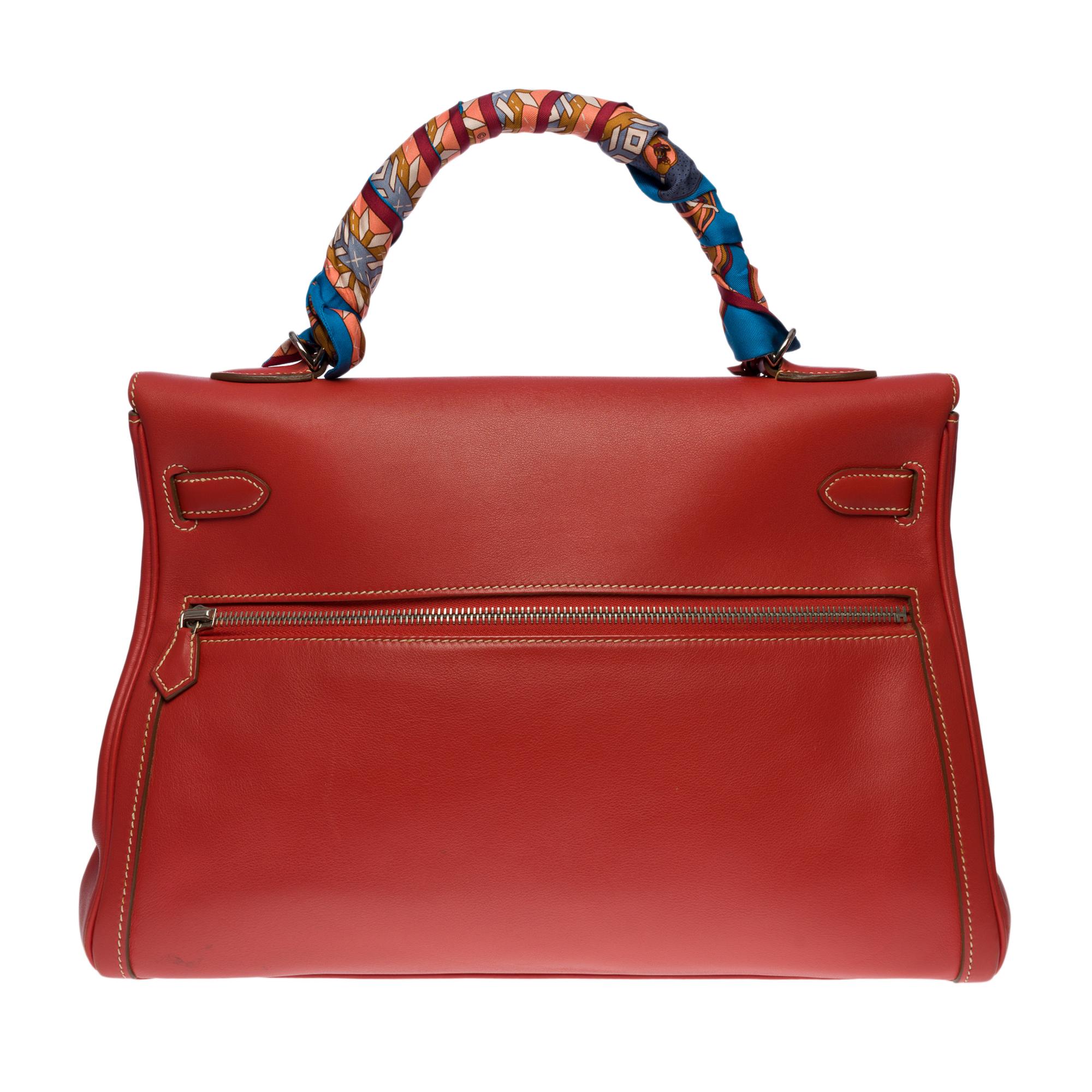 Atemberaubende und seltene Hermes Kelly Lakis 35 Handtasche Riemen in sanguine Swift Kalbsleder, Palladium Silber Metall-Hardware, einfache sanguine Ledergriff, eine abnehmbare sanguine Leder Schultergurt für eine Hand oder Schulter zu