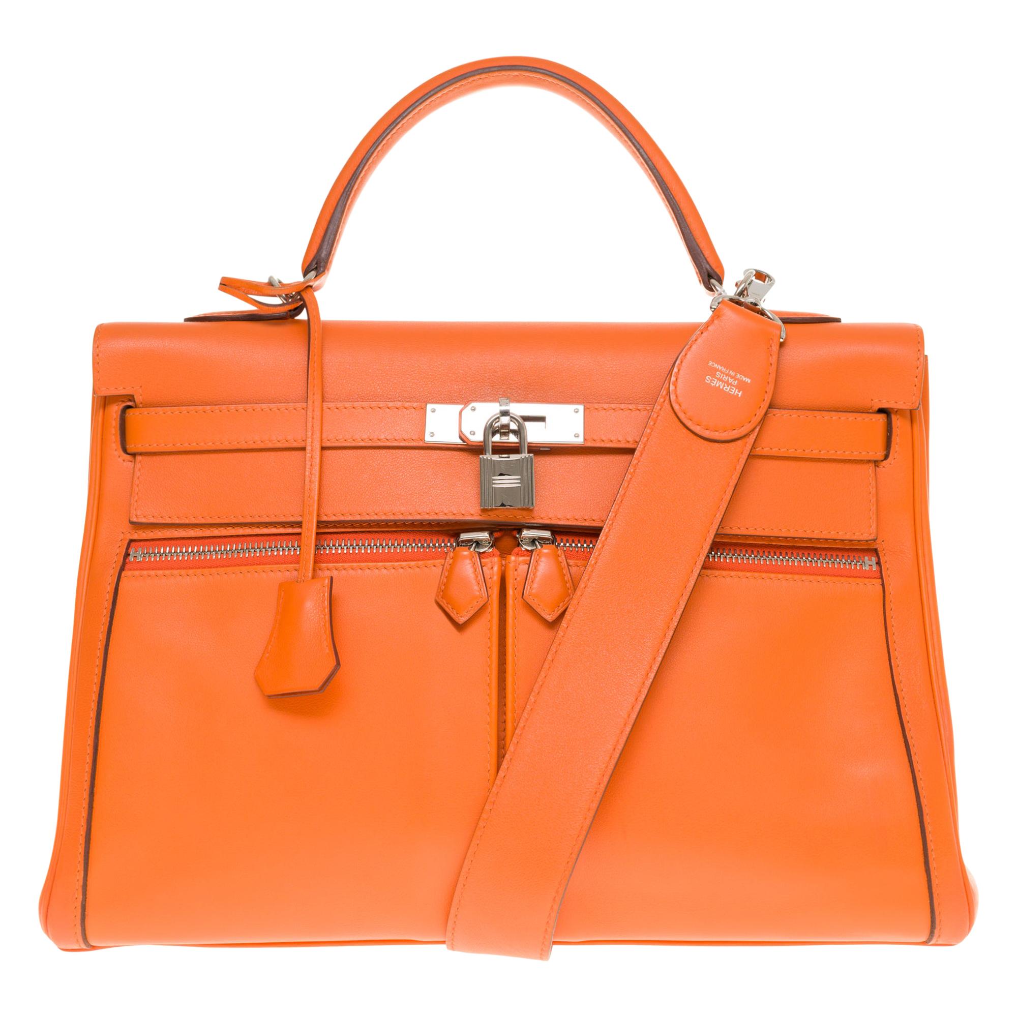 Rare Hermès Kelly Lakis 35 handbag with strap in orange swift calf leather, PHW