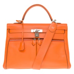 Rare sac à main Hermès Kelly Lakis 35 avec sangle en cuir de veau swift orange:: PHW