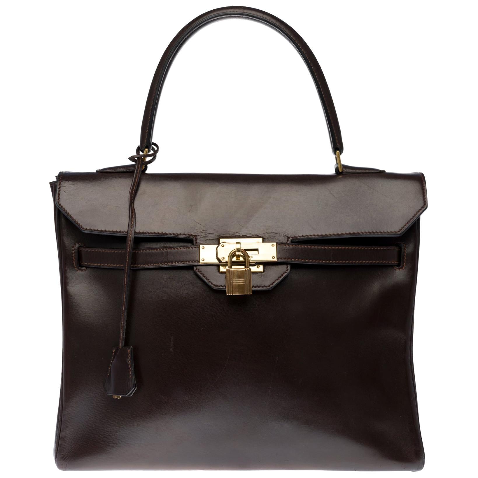 RARE Hermès Kelly Monaco 30cm handbag in brown box calfskin with Gold hardware