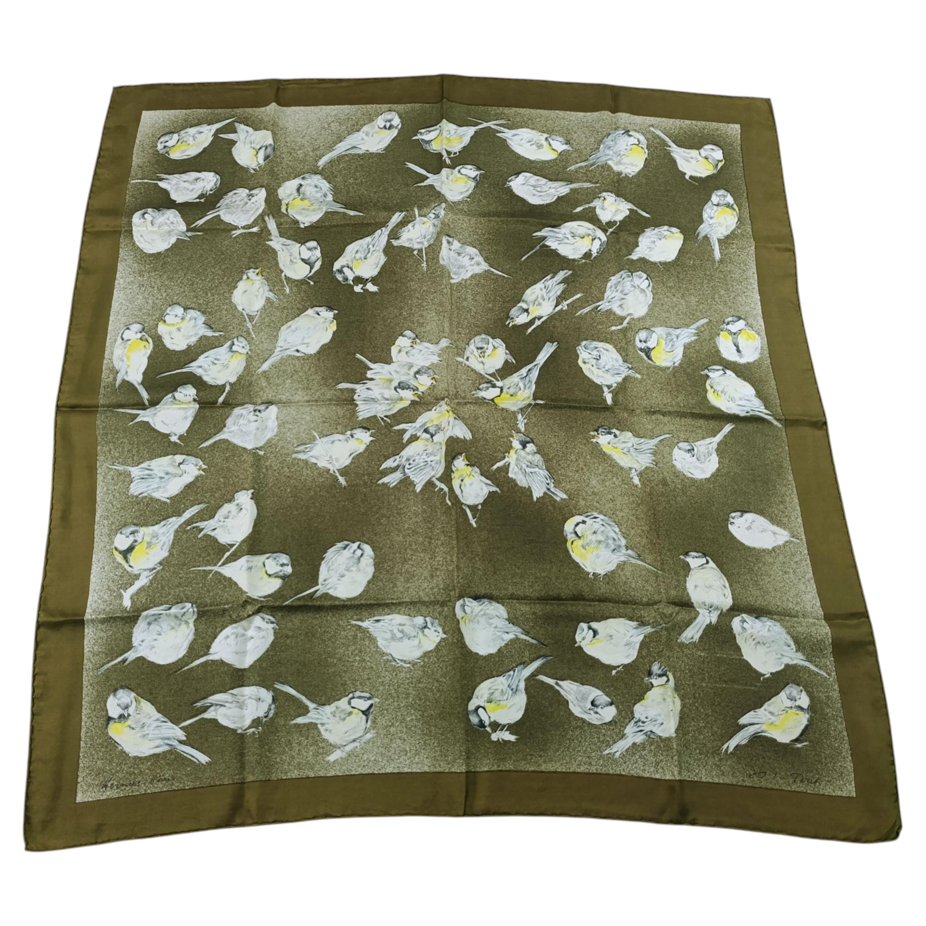 Seltener Hermès-Seidenschal „Les Mésanges“ von Xavier de Poret, 90 cm, 1960