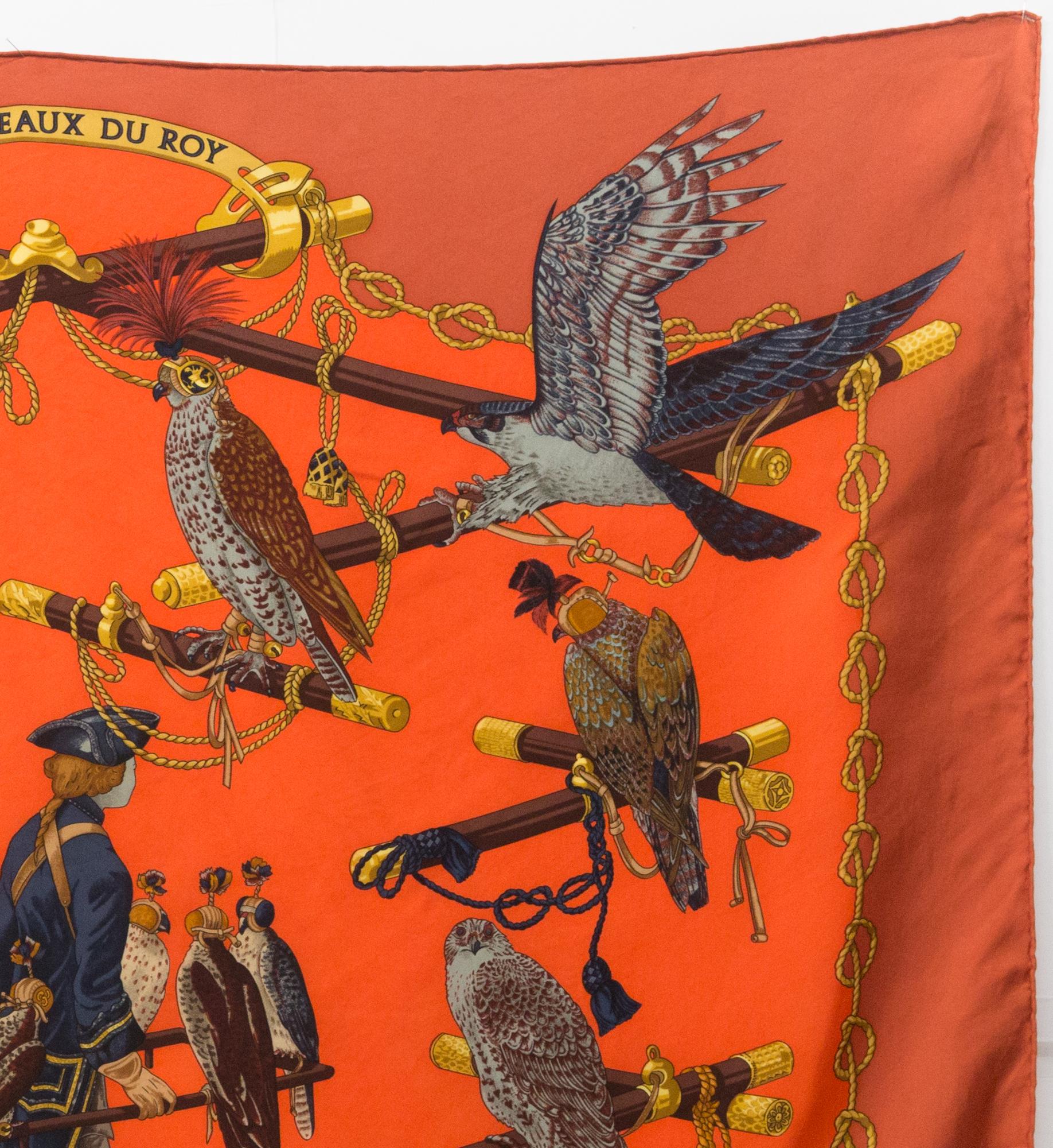 Orange Rare Hermes Les Oiseaux Du Roy by Cathy Latham Silk Scarf