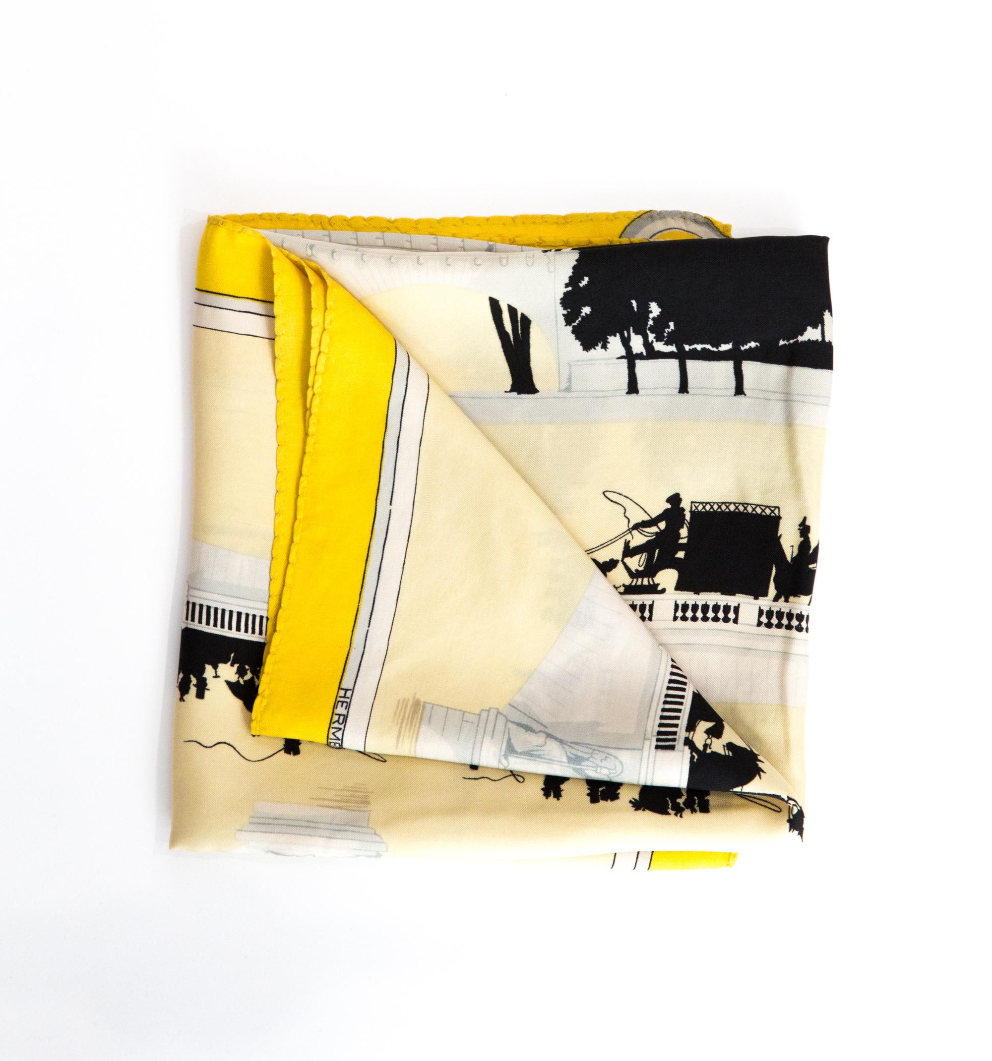 Rare Hermes « Les Ponts de Paris » by Hugo Grygkar silk scarf featuring a yellow border and a Hermès signature. 
Circa 1953
In good vintage condition. Made in France.
35,4in. (90cm)  X 35,4in. (90cm)
We guarantee you will receive this  iconic item