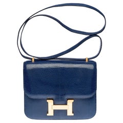 RARE sac porté épaule Hermès Mini Constance 18 en lézard bleu saphir, GHW