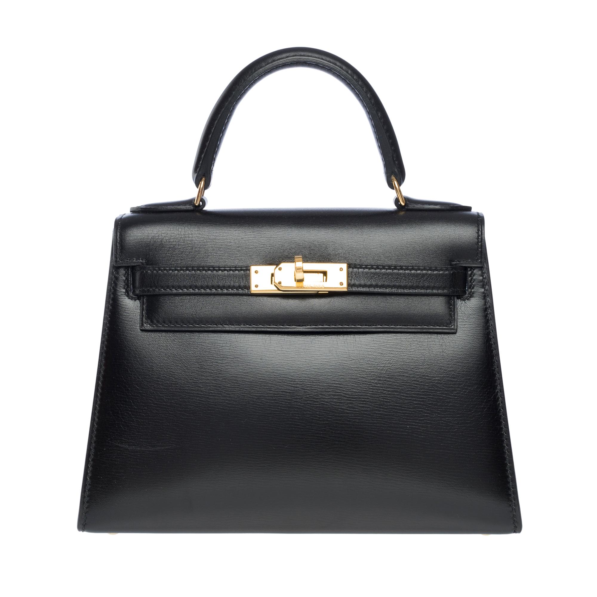 Rare & Amazing Hermes Mini Kelly handbag 20 cm double strap in black box calf leather, gold plated metal hardware, handle and 2 removable shoulder straps (one short and one long, not signed Hermès) in black leather box for a hand, shoulder or