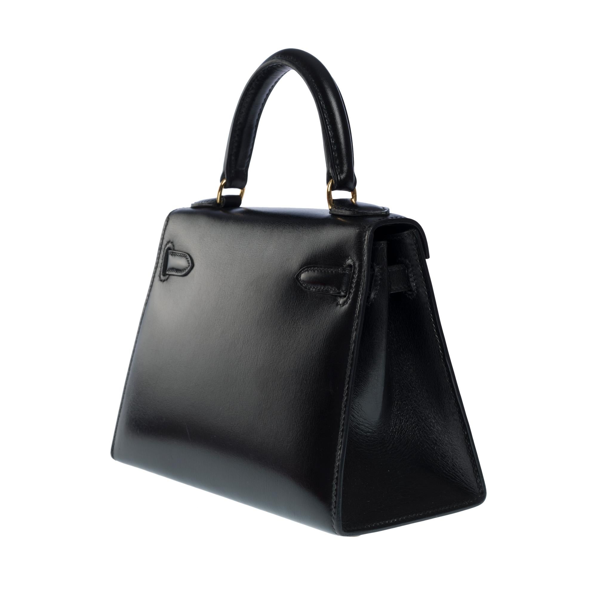 Black Rare Hermès Mini Kelly 20cm handbag double strap in black box calfskin, GHW