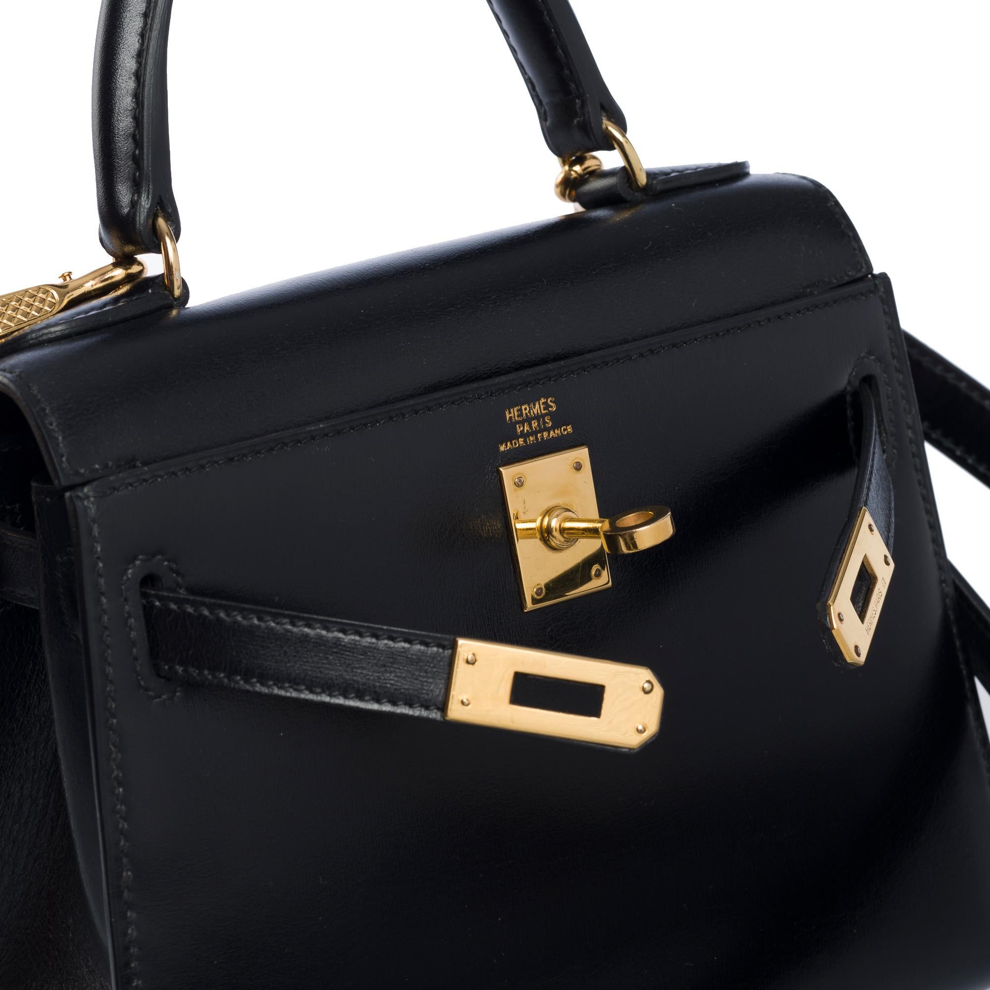 Rare Hermès Mini Kelly 20cm handbag double strap in black box calfskin, GHW In Good Condition In Paris, IDF