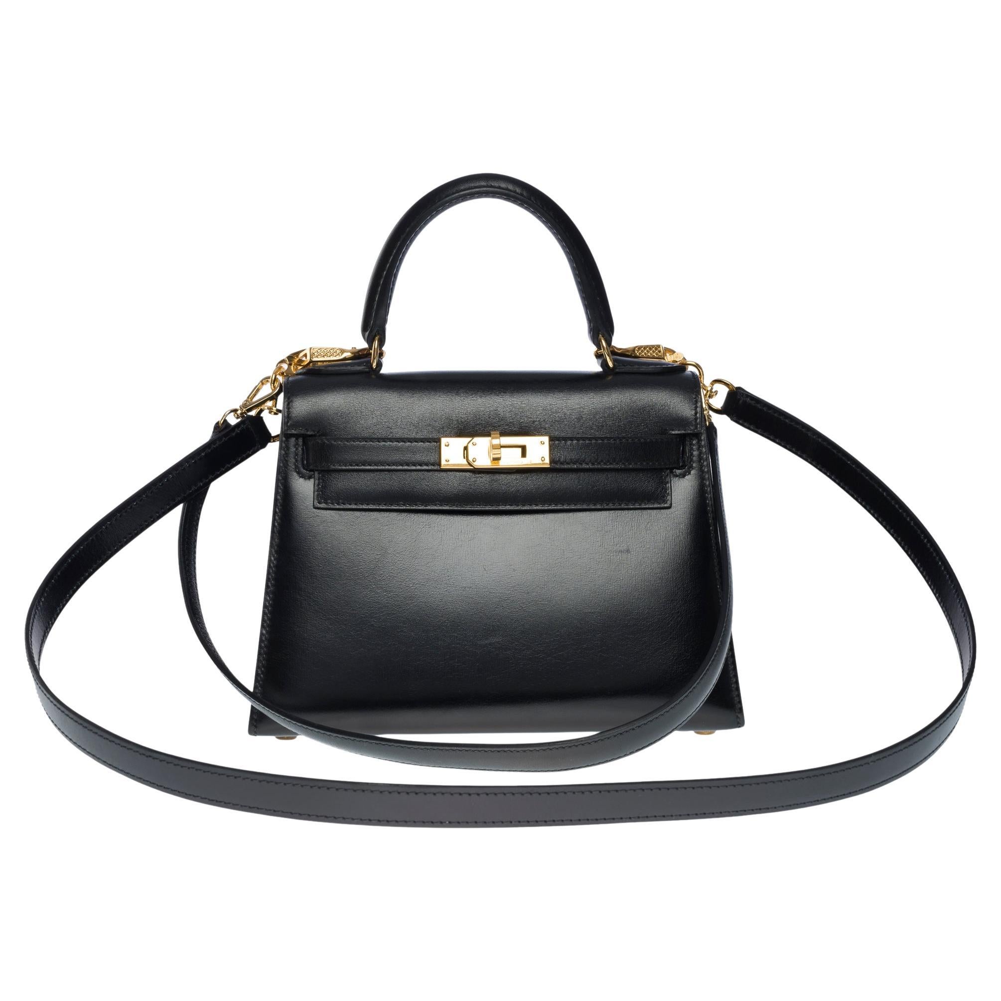 Rare Hermès Mini Kelly 20cm handbag double strap in black box calfskin, GHW