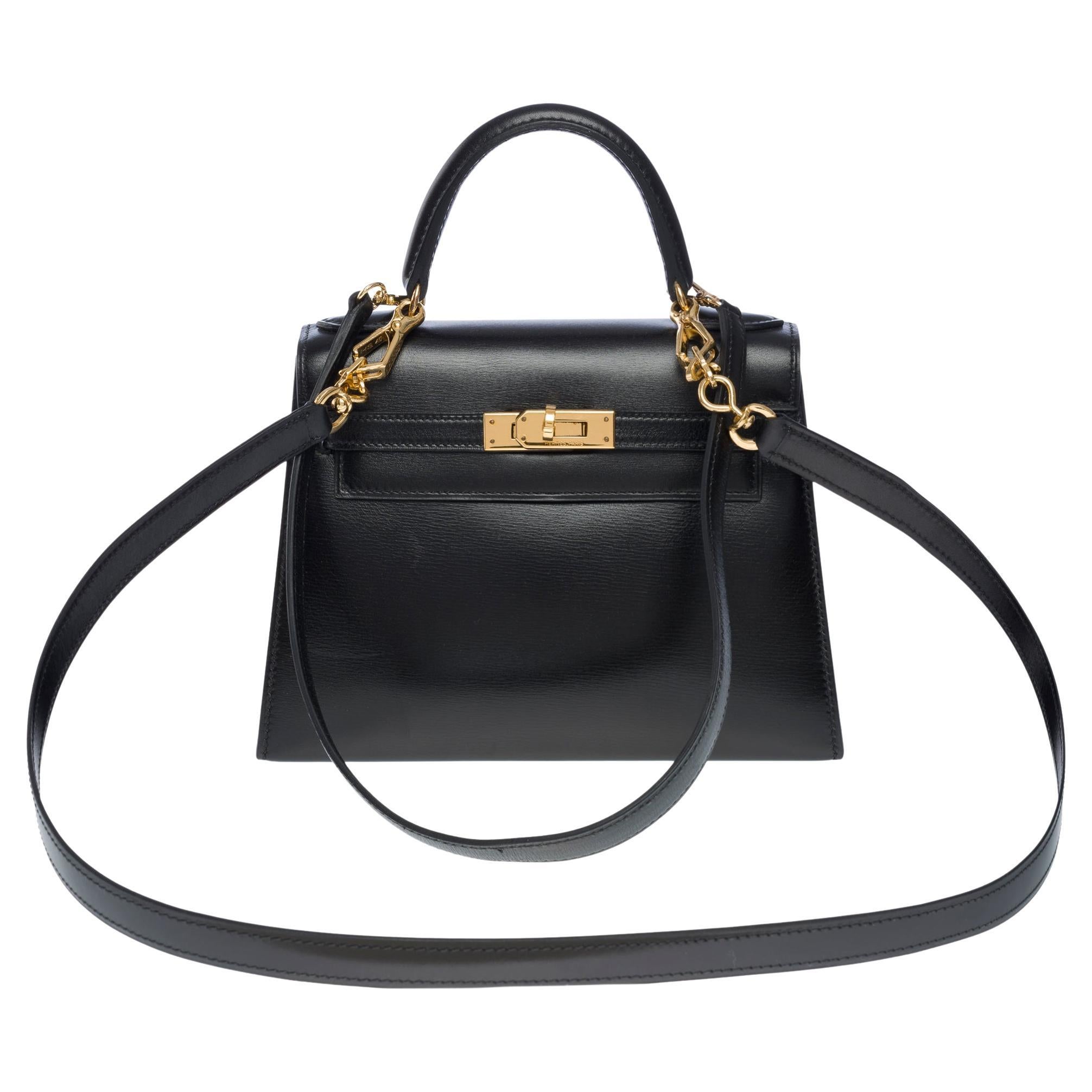 Rare Hermès Mini Kelly 20cm handbag double strap in black box calfskin, GHW