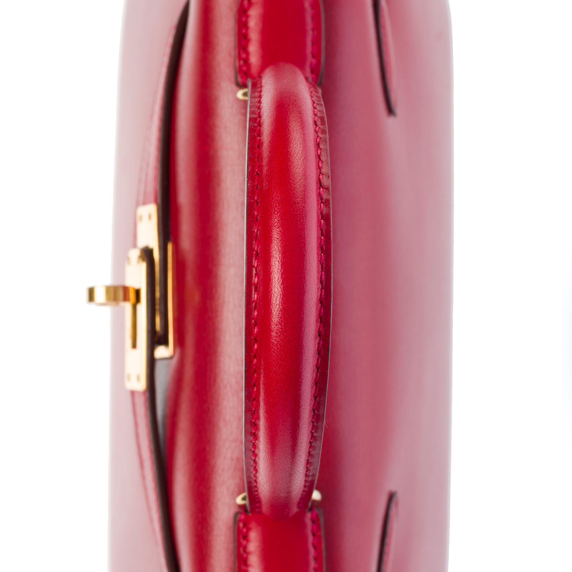 Rare Hermès Mini Kelly 20cm sac à main double bandoulière en cuir de veau boîte H rouge, GHW en vente 6